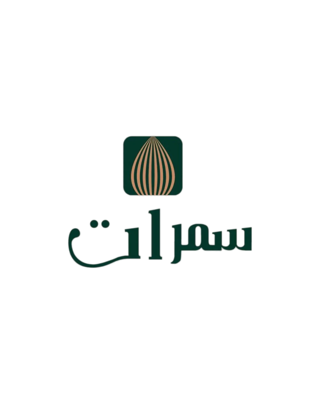 Stylized logo with a teardrop shape and vertical stripes in green and beige, accompanied by abstract text. Background is black.