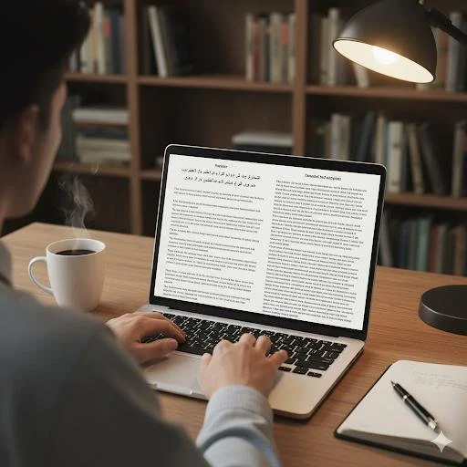 Person working on a laptop in a cozy room with a bookshelf, a desk lamp, a notebook, a pen, and a coffee mug.