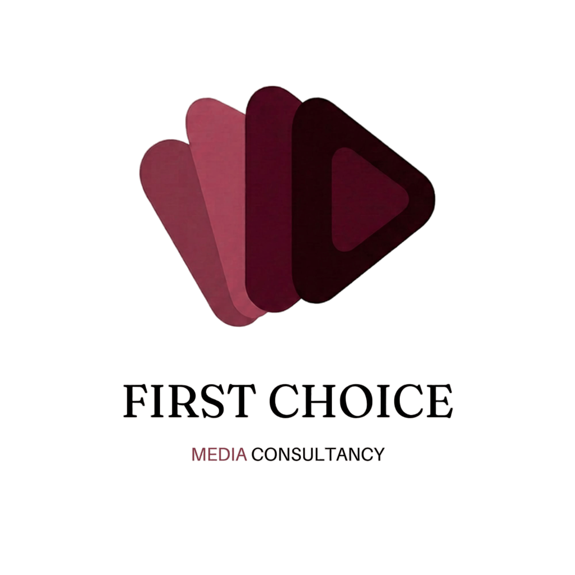Logo for First Choice Media Consultancy featuring overlapping hearts and a play button icon in shades of red and pink with text.