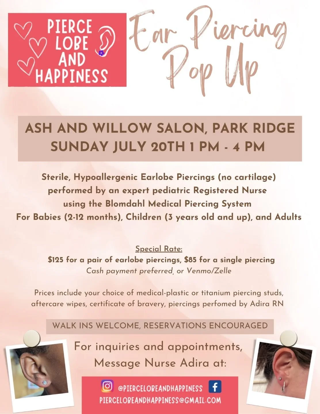 So excited to be returning to @ashwillowsalon in Park Ridge for a Piercing Pop-Up! They have the sweetest team and such a beautiful salon 💞
Walk-ins are welcome, or DM to reserve an appointment time! 
#earlobepiercing #piercedbyanurse #ashandwillo
