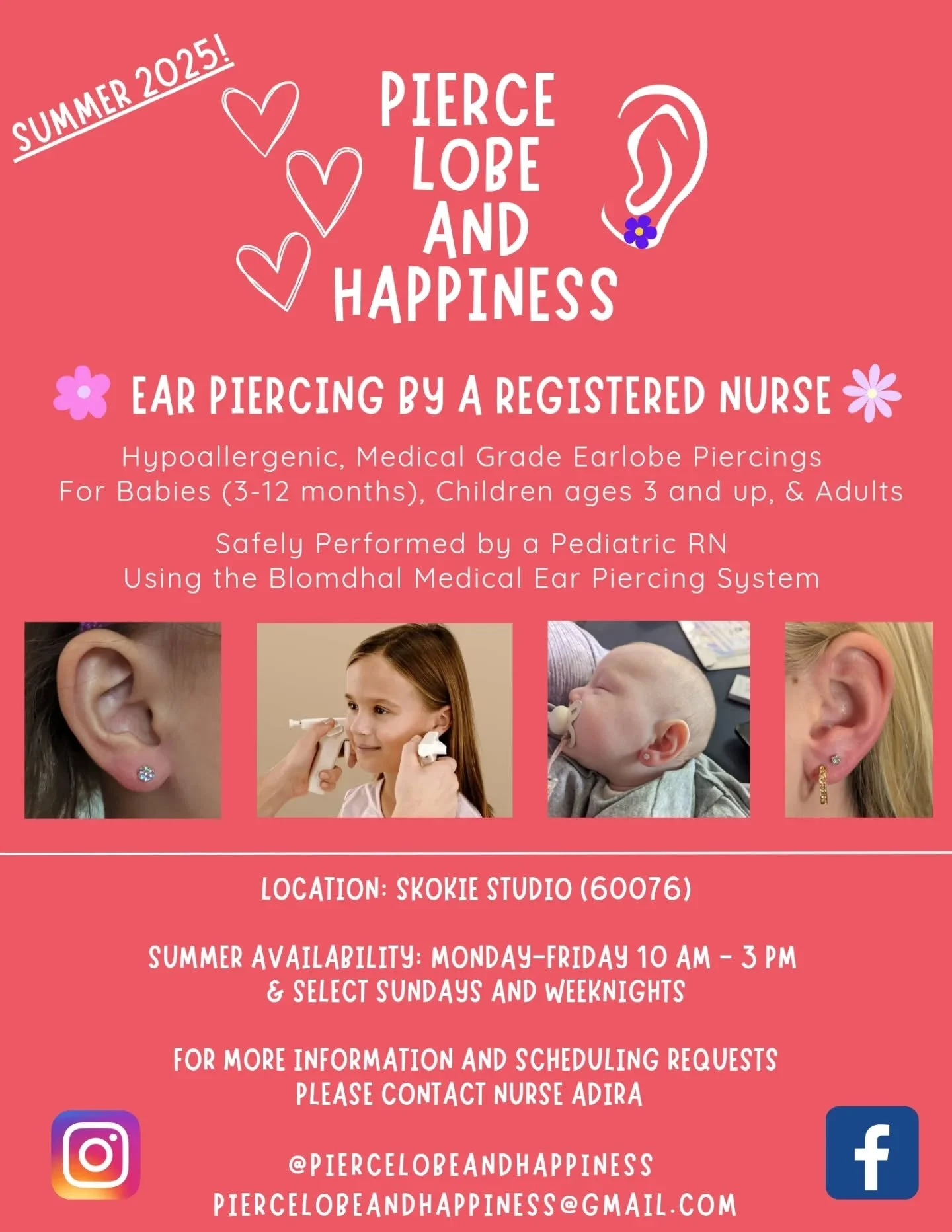 SAY HELLO TO THE SUMMER 2025 SEASON OF PIERCE LOBE AND HAPPINESS ⛱️🥰🎉👂Share with your friends who are located near #skokie and looking for #safe  #hypoallergenic #medicalgrade #earlobepiercings performed by a #pediatricnurse! I use the @blomdahlus