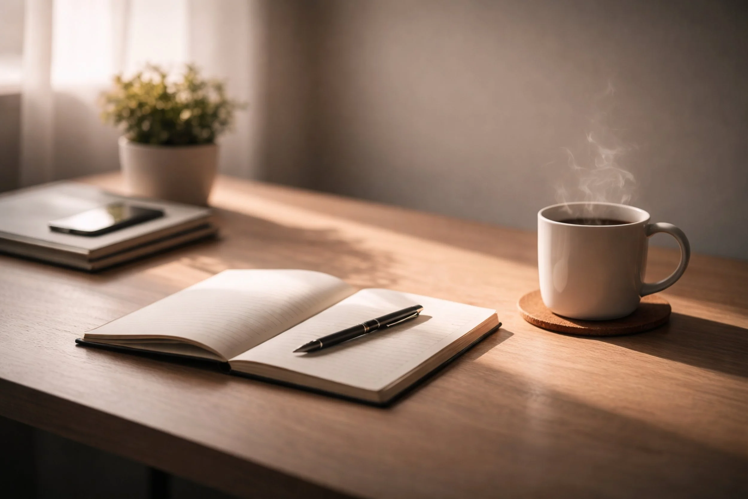 A wooden desk with an open notebook and a pen to represent individual therapy for anxiety, trauma, and attachment issues at this New York City therapy practice located in Chelsea.