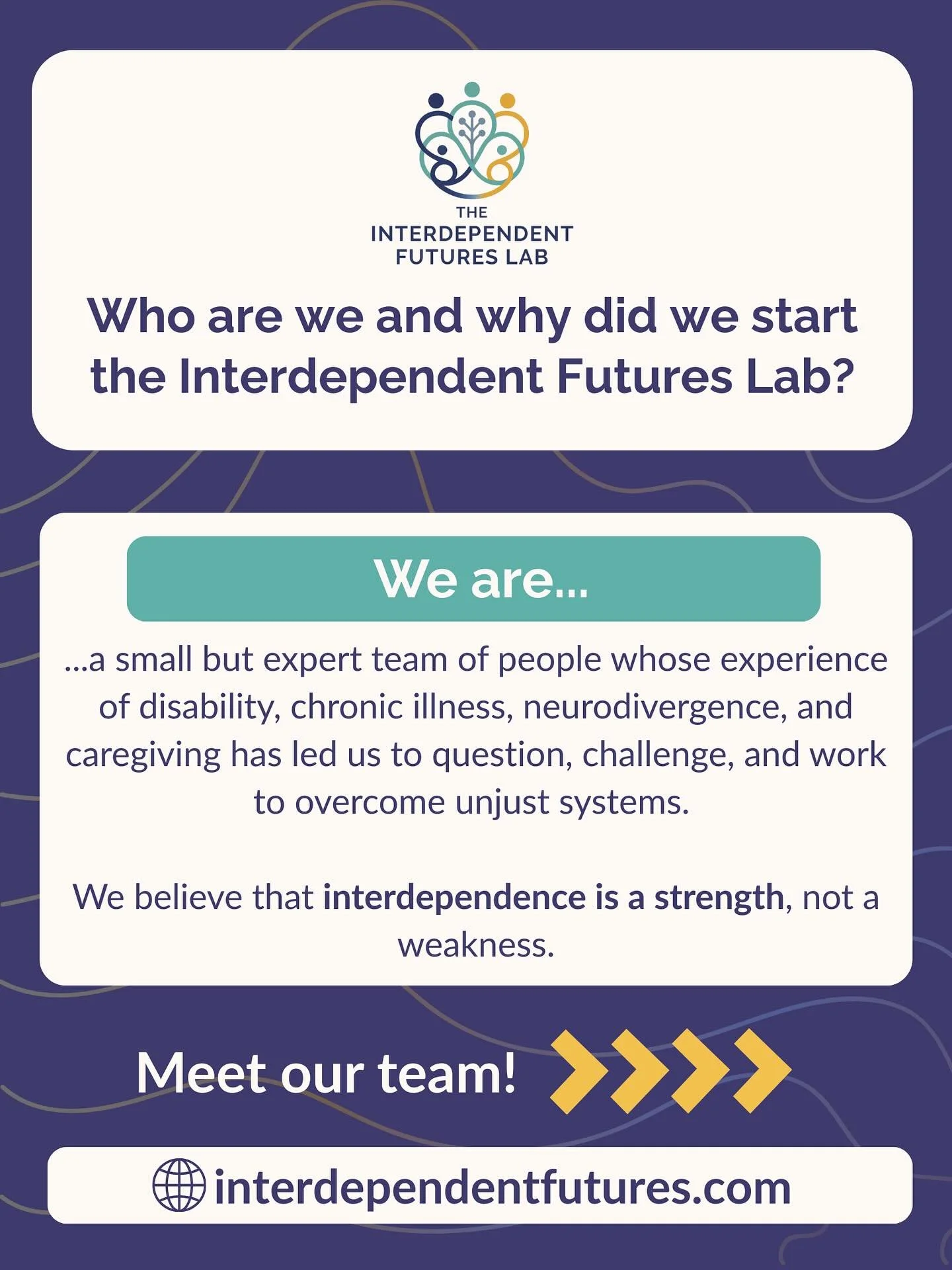 Want to know more about who we are and why we started the Interdependent Futures Lab? Scroll through this post and check out the link in our bio to read our latest blog!

#disability #disabilityjustice #healthequity #interdependence #interdependentfu