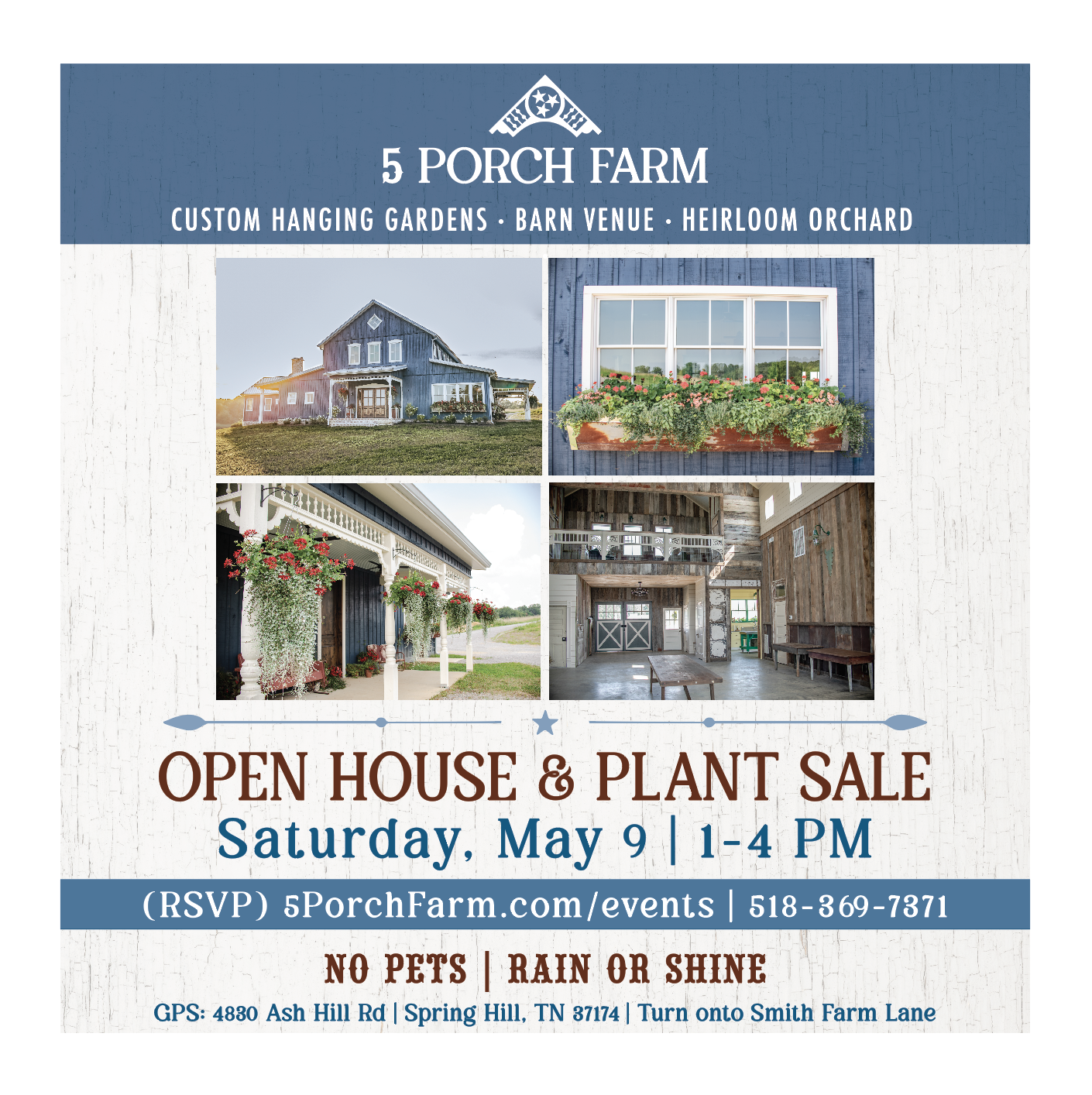 5 Porch Farm Flyer - Open House and Plant Sale. May 9 from 1-4 PM. 4830 Ash Hill Rd, Spring Hill, TN 37174