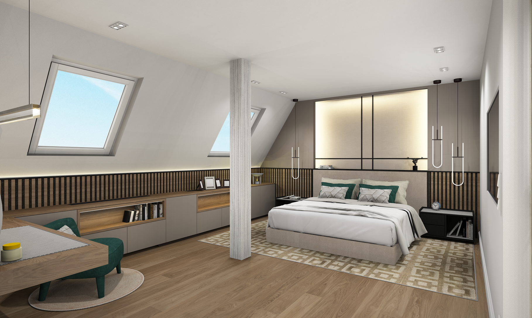 Modernes Schlafzimmer mit Dachfenstern, Doppelbett, Nachttischen, dunklen Wandpaneelen, mit dekorativen Lichtern, kleiner Sitzecke mit grünem Stuhl, Holzfußboden und Teppich.
