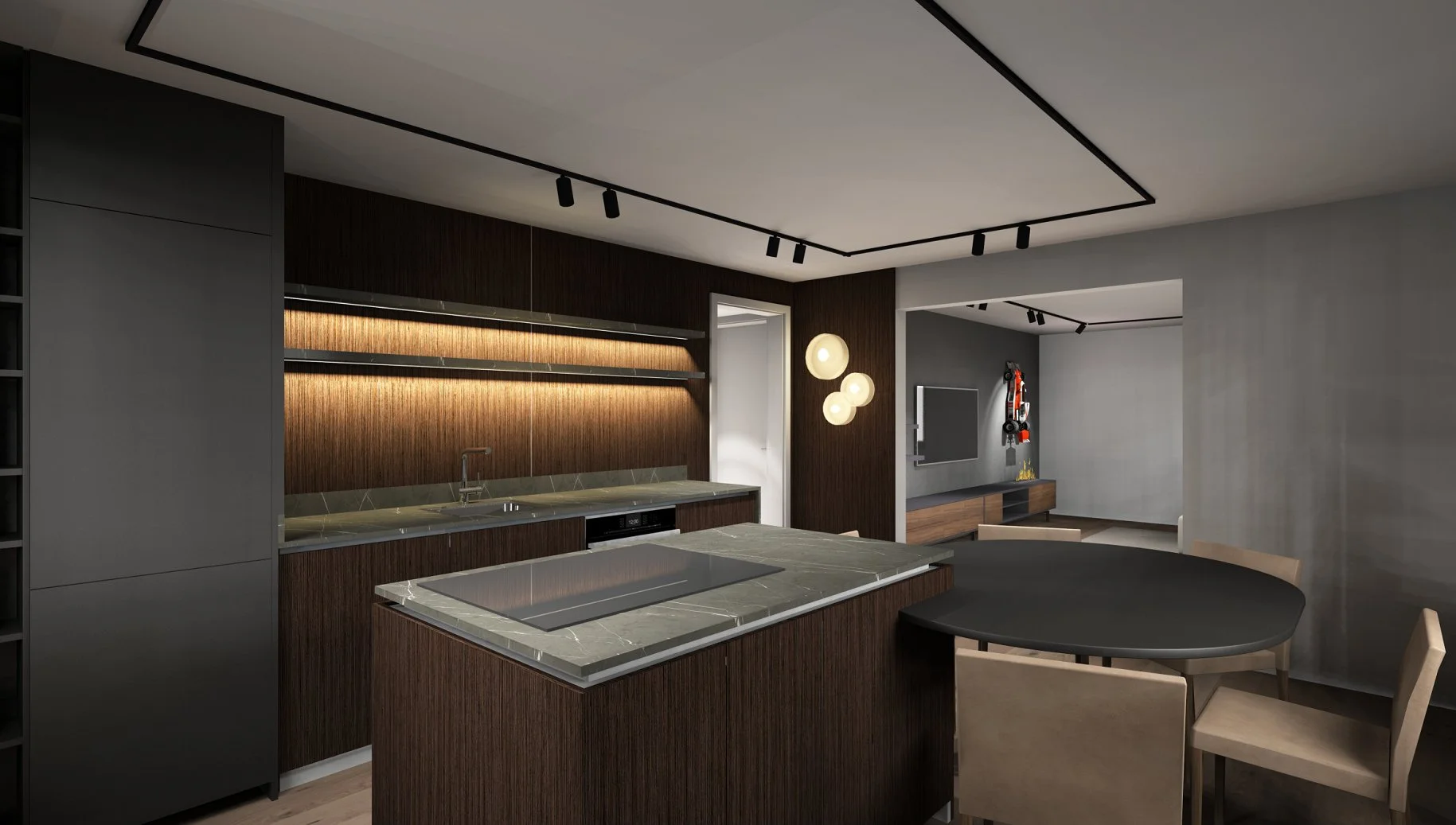 Moderne offene Küche mit dunklen Holzmöbeln, grünem Marmor-Esstisch, schwarzer Kochinsel, grauen Wänden und Sat-TV im Hintergrund.