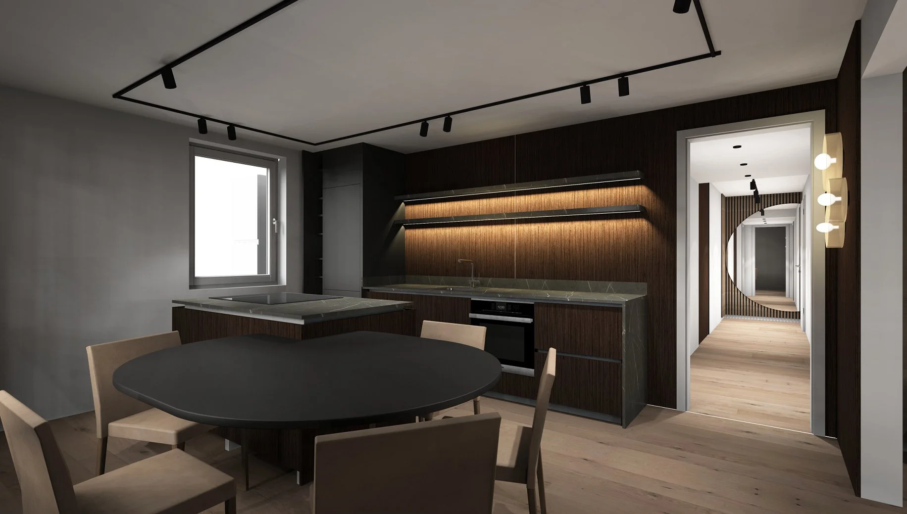 Moderner Küchenraum mit dunklem Holz und Beleuchtung, Esstisch mit Stühlen, Fenster und Flur im Hintergrund.