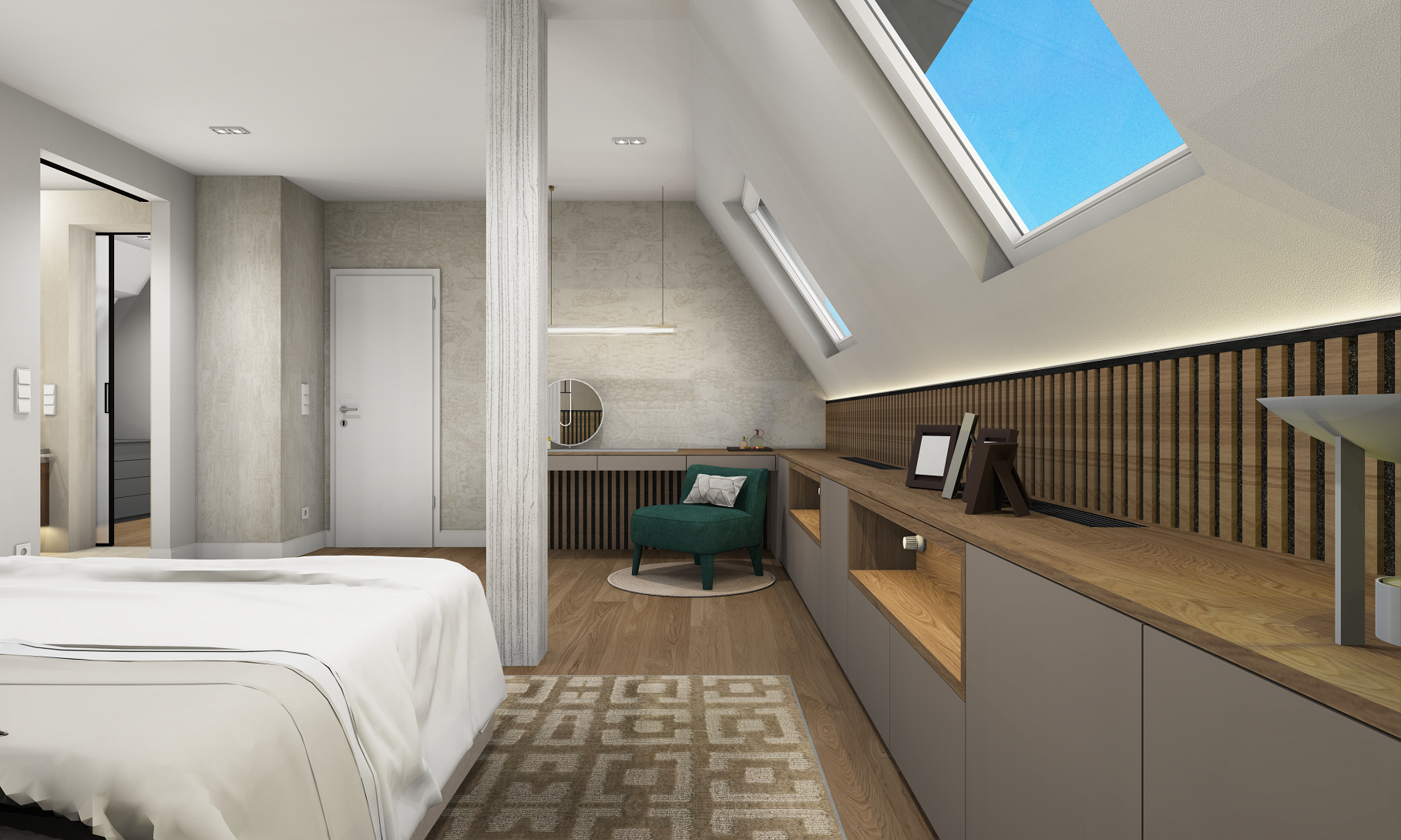 Ein modern eingerichtetes Schlafzimmer mit weißen Bett, Holzschränken, grauen Wänden und Dachfenstern, die den Himmel zeigen, inklusive einem grünen Sessel und dekorativen Gegenständen auf dem Regal.