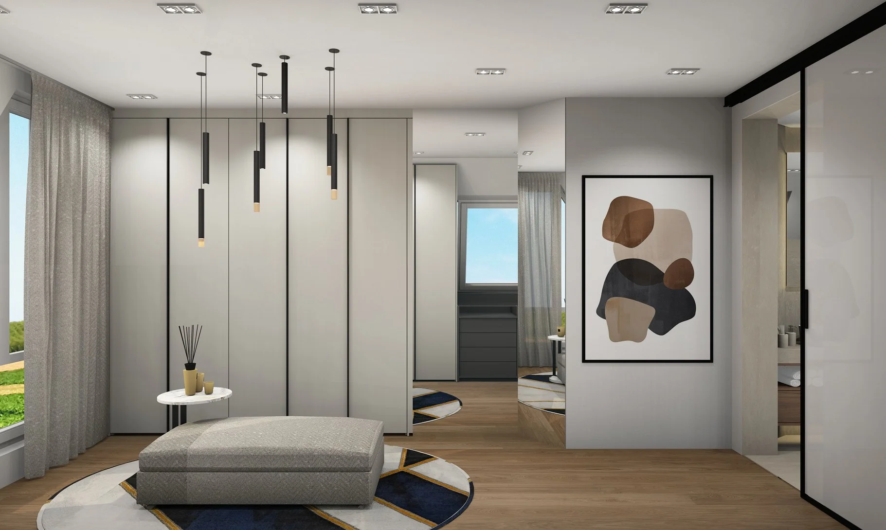 Modernes Schlafzimmer mit grauem Ottomane, Wandkunst, Dachfenster, Vorhängen und Holzfußboden.