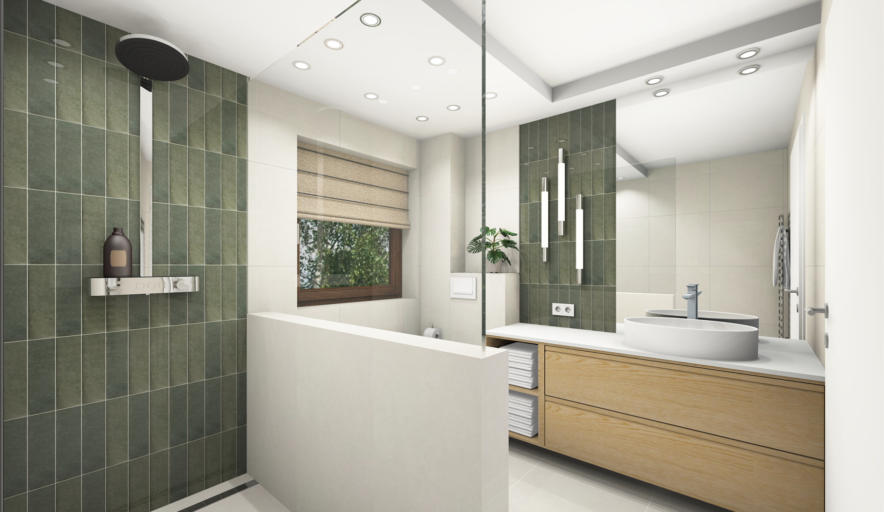 Modernes Badezimmer mit grün-weißen Fliesen, Dusche mit Glaswand, Fenster mit Rollos, Waschtisch mit ovalem Waschbecken, Holzschubladen, Pflanzen und moderner Beleuchtung.