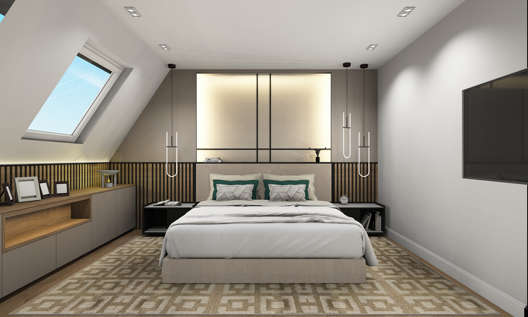 Ein modernes Schlafzimmer mit einem Doppelbett, seitlichen Nachttischen, einem großen Wandbild und einem Fernseher, mit Skiflug-Fenster auf der linken Seite und hölzerner Dekoration an der Wand.