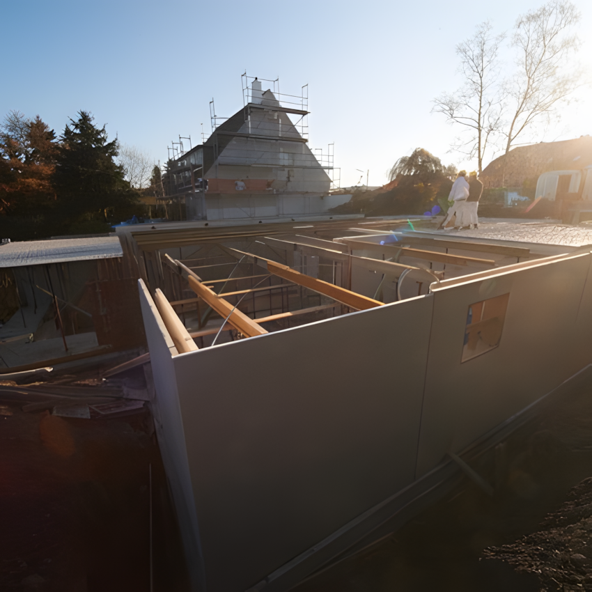 Ansicht eines Baustellengeländes mit einem im Bau befindlichen Haus, das von Gerüsten umgeben ist, sowie Bauholz und -materialien im Vordergrund, bei Sonnenlicht.