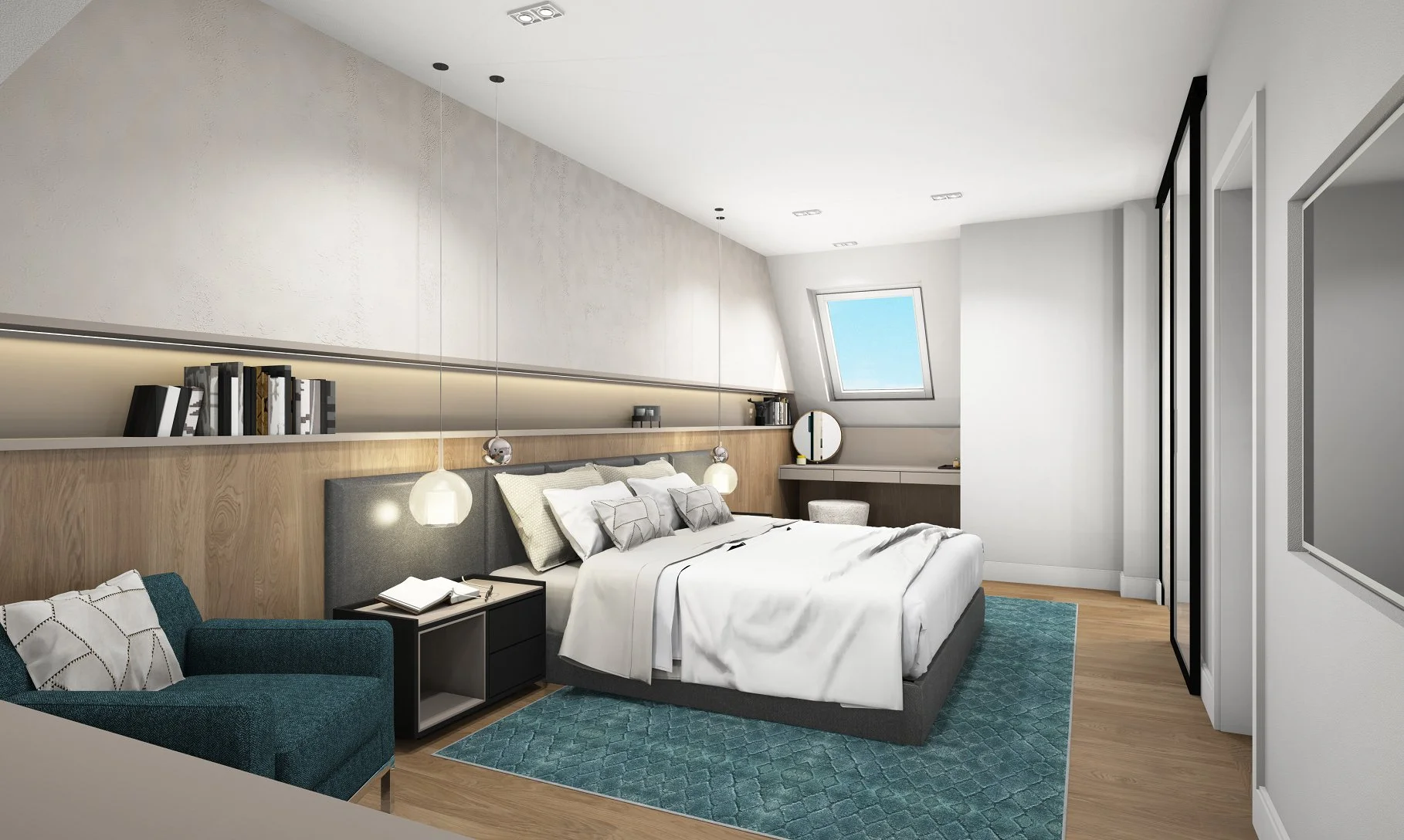 Modernes Schlafzimmer mit Doppelbett, blauer Sessel, Kissen, Leselampe, Bücherregal, Schreibtisch mit Spiegel, slanted Raumdecke, Fenster mit blauer Aussicht, geölter Holzboden, weiß und graue Wandfarben.