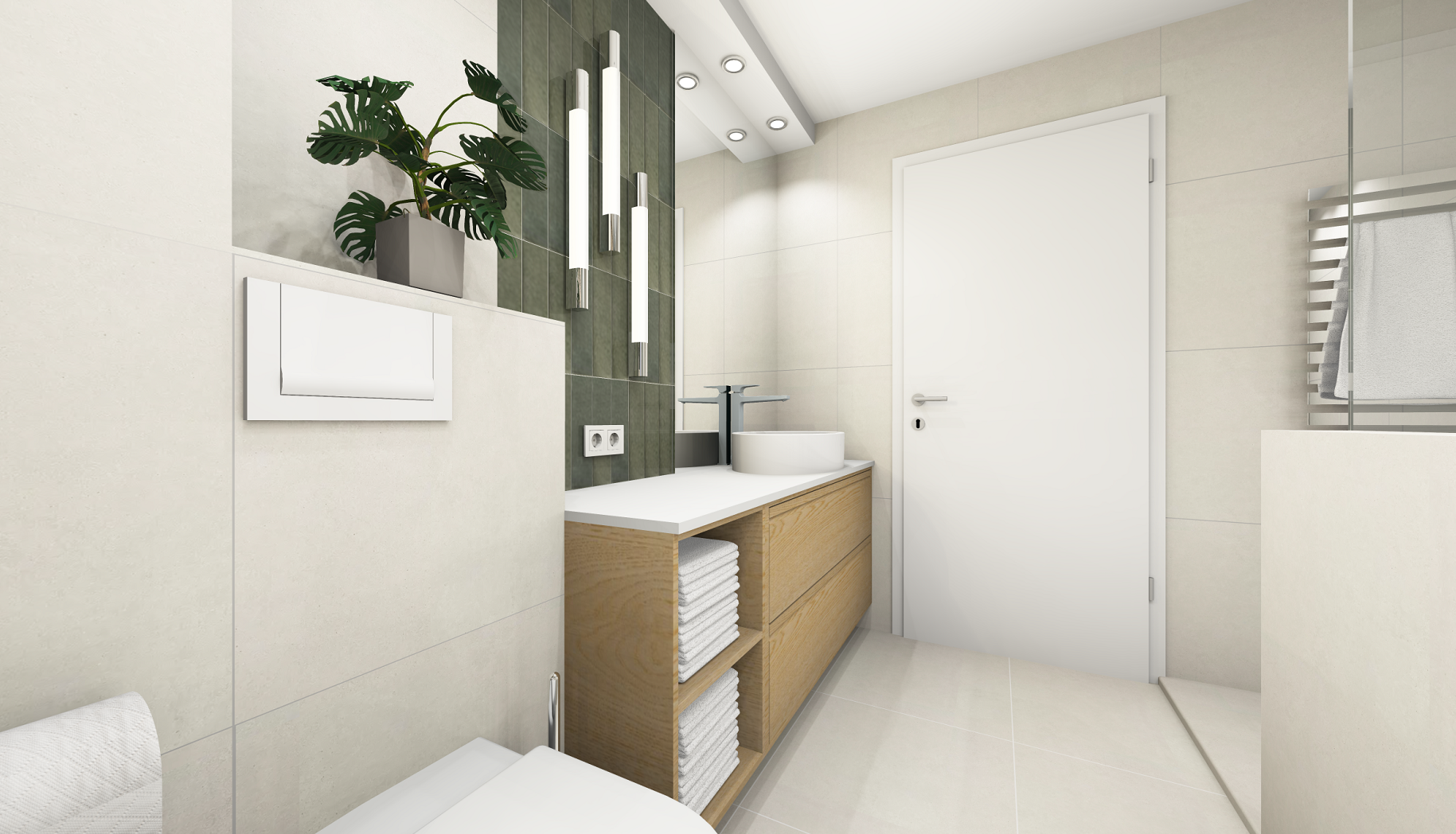 Modernes Badezimmer mit weißen Wänden, Holz-Waschtisch mit Handtüchern, Pflanzen und Beleuchtung