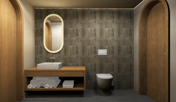 Moderner Badezimmerschrank mit Waschbecken, Spiegel und Toilette in einem minimalistischen Badezimmer.