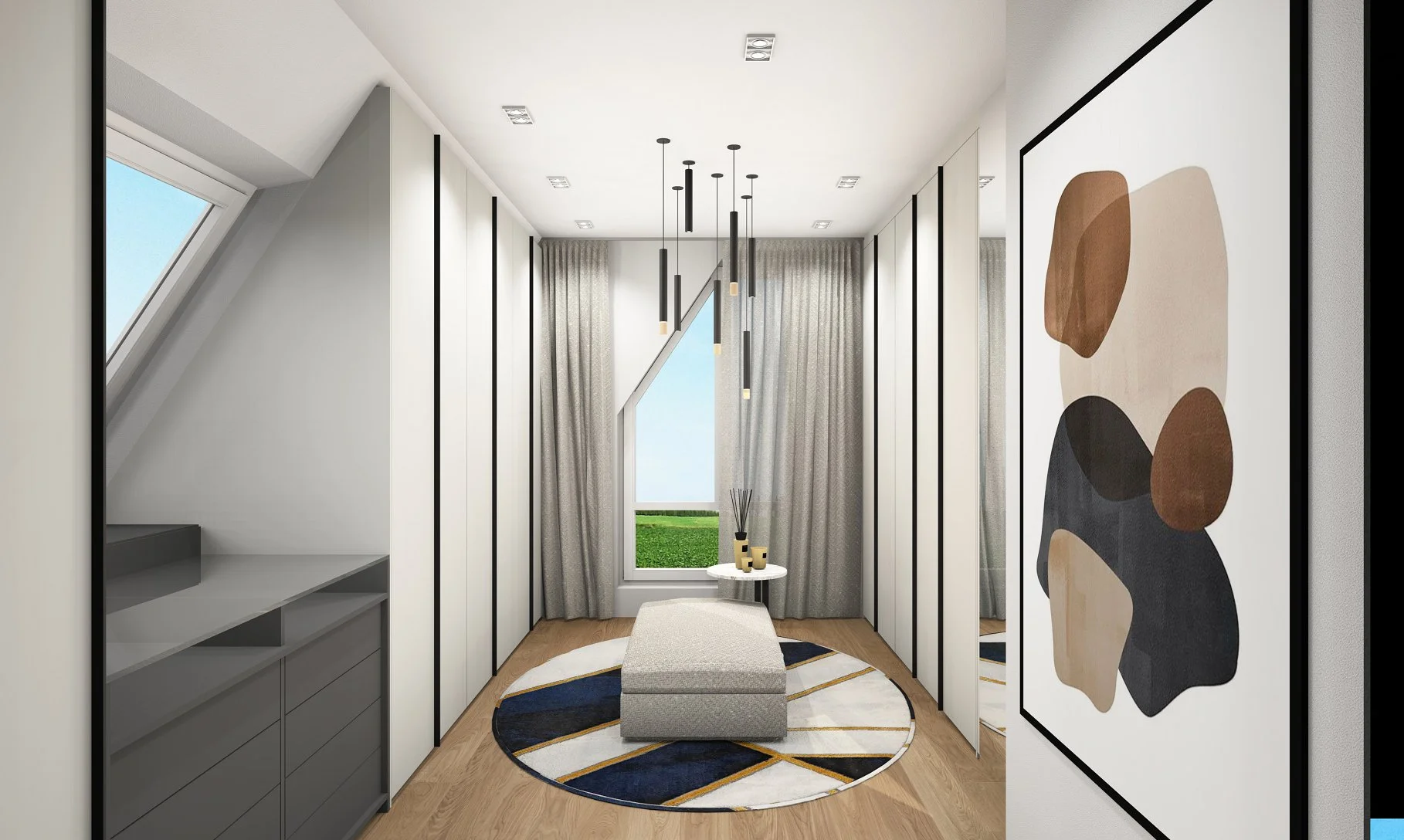 Moderne Zimmeransicht mit klaren Linien, großen Fenstern, grauen Vorhängen, einem runden Teppich, einem Sitzhocker und moderner Wandkunst.