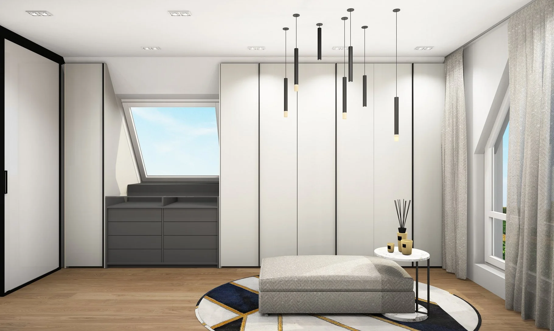 Modernes Schlafzimmer mit weißen Wandschränken, einer Fensterkuppel, einem grauen Sitzhocker, einem kleinen runden Beistelltisch und mehreren schwarzen Hängeleuchten