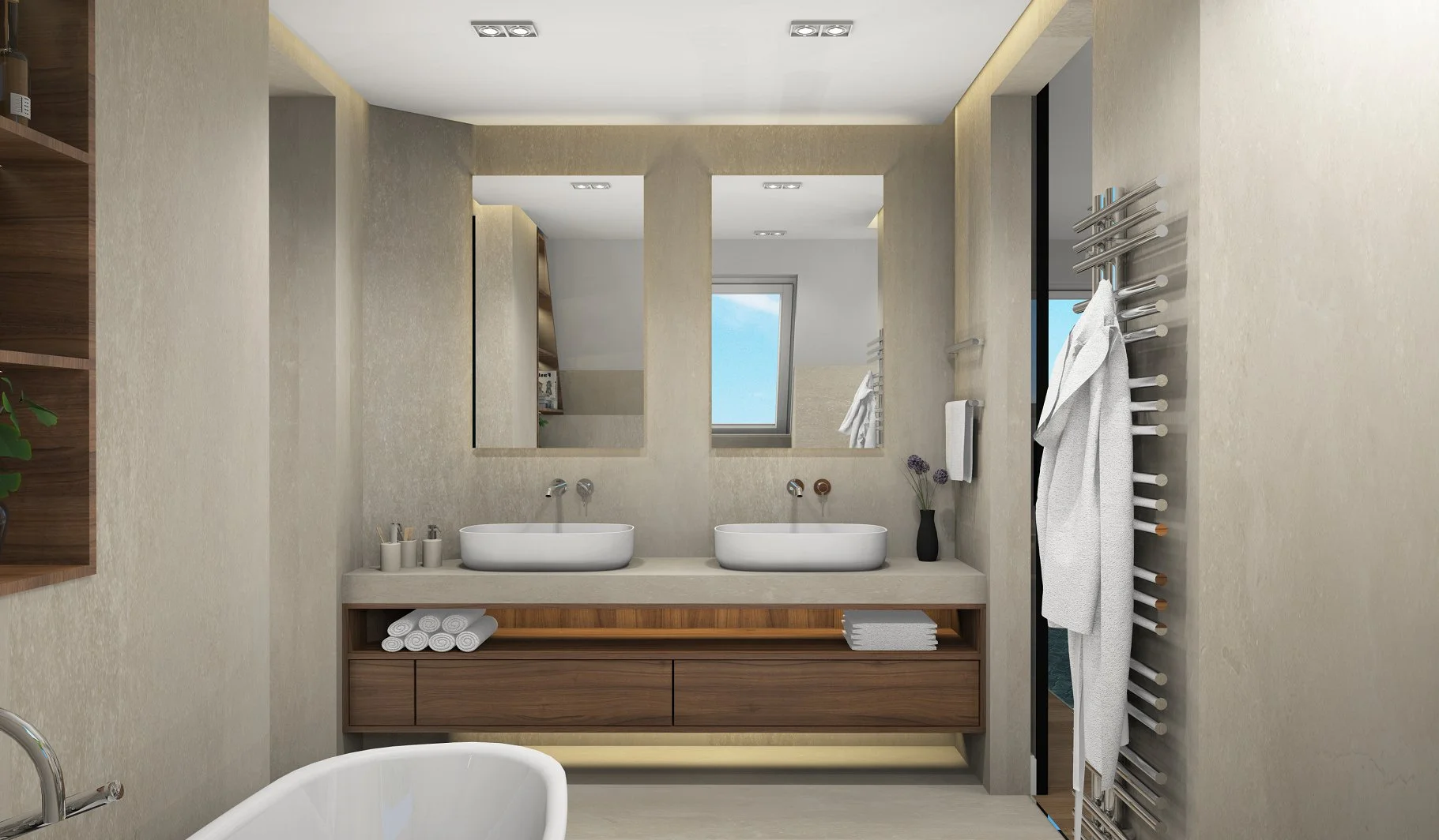 Modernes Badezimmer mit Doppelwaschbecken, großen Spiegeln, weißen Handtüchern, einem Heizkörper mit Handtüchern, einem Fenster mit Blick nach draußen und eleganten Holz- und Beigetönen.