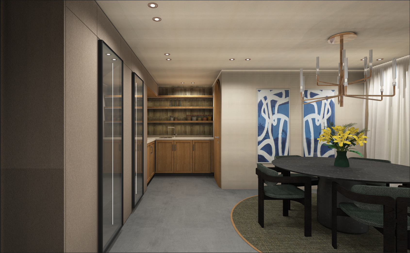 Ein Esszimmer mit dunkelgrünem runden Tisch, vier Stühlen, einer Vase mit gelben Blumen, Wandkunst mit blauen und weißen Mustern, einer großen Fensterfront mit weißen Vorhängen, einer modernen Deckenleuchte und einem Bereich mit einer kleinen Küche in Holzoptik.