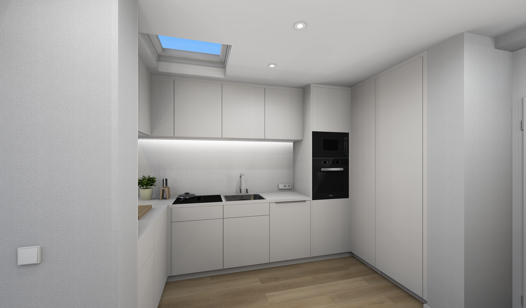 Moderne, helle Küchenzeile mit weißen Schränken, integriertem Backofen, Mikrowelle, Spüle, Kochfeld, einem kleinen Pflanze und einem Dachfenster