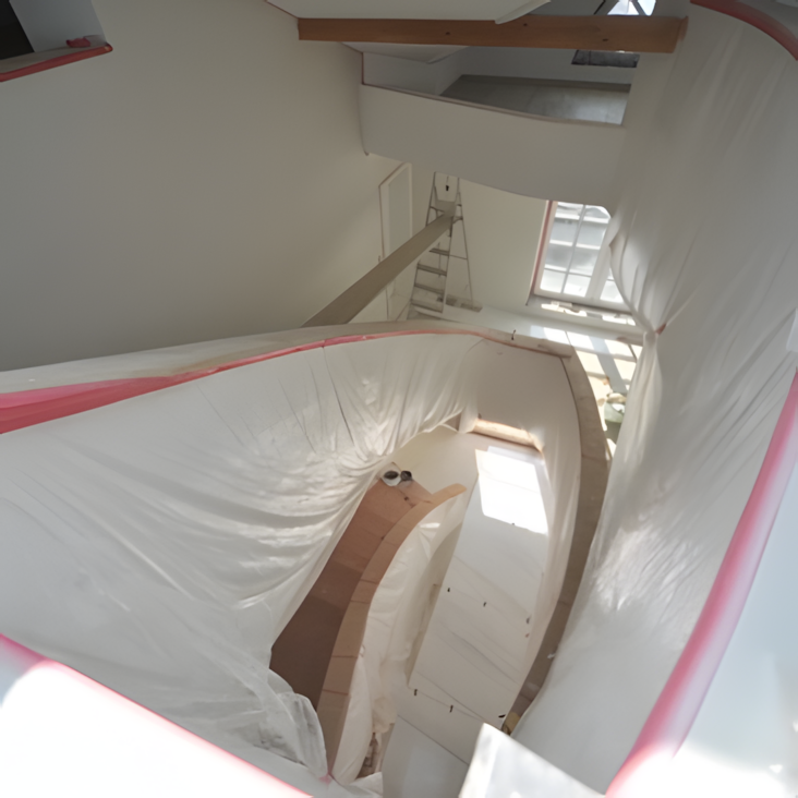 Innenansicht eines mehrstöckigen Hauses mit Treppen, Baustellenmaterial und Licht durch Fenster.