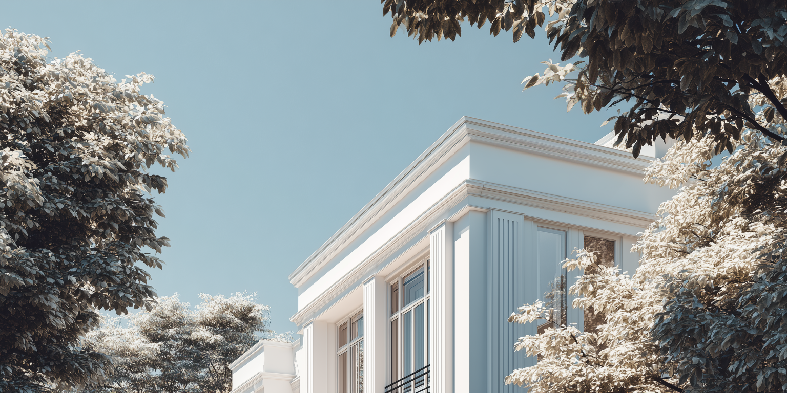 Elegantes, weißes Gebäude mit klassischen Säulen, umgeben von Bäumen bei sonnigem Wetter.