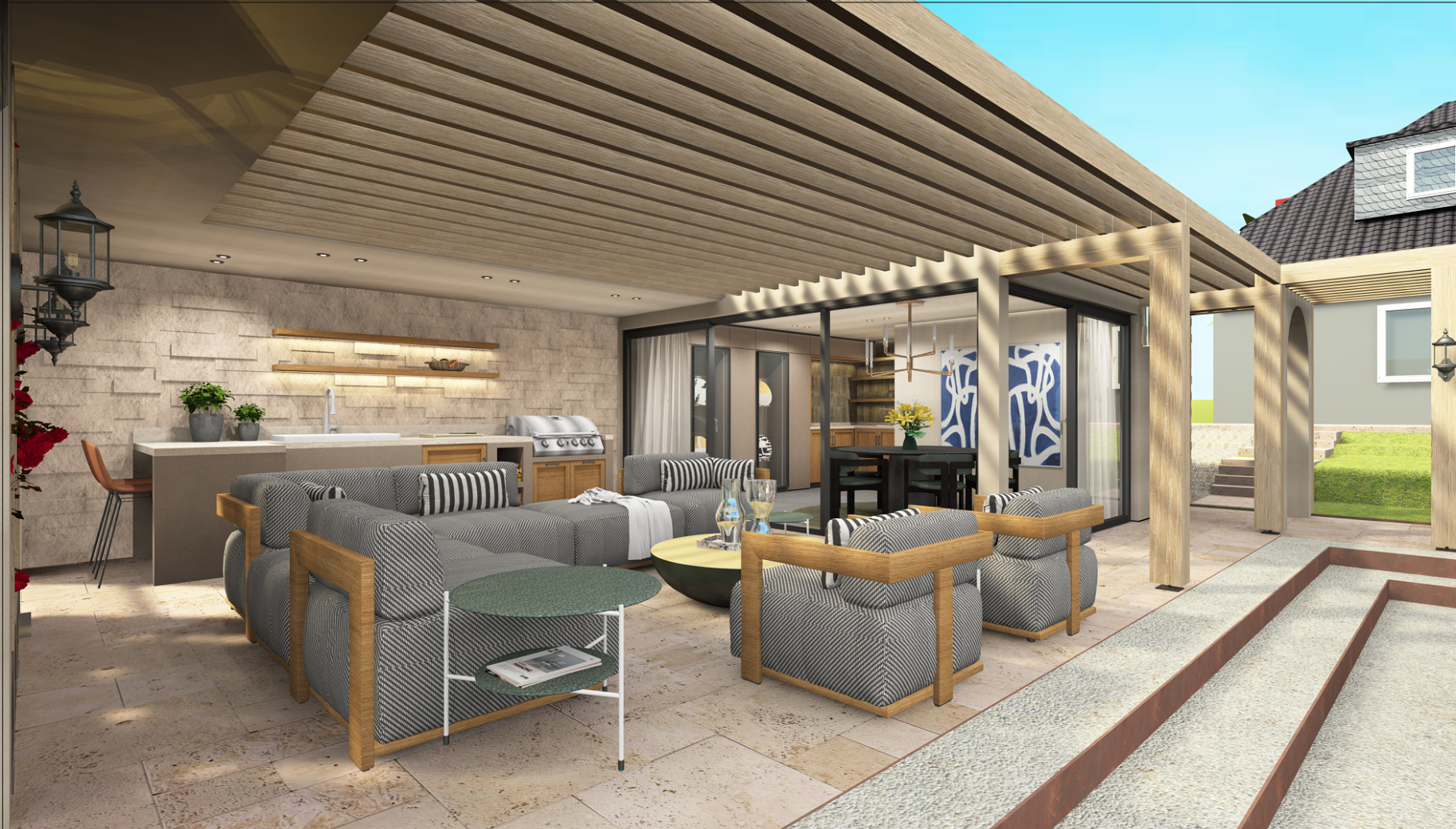 Moderner, offener Wohnbereich mit Gartenblick, Sofas, Couchtisch, Bar, Küche mit Grill, und Holzbalken im Außenbereich