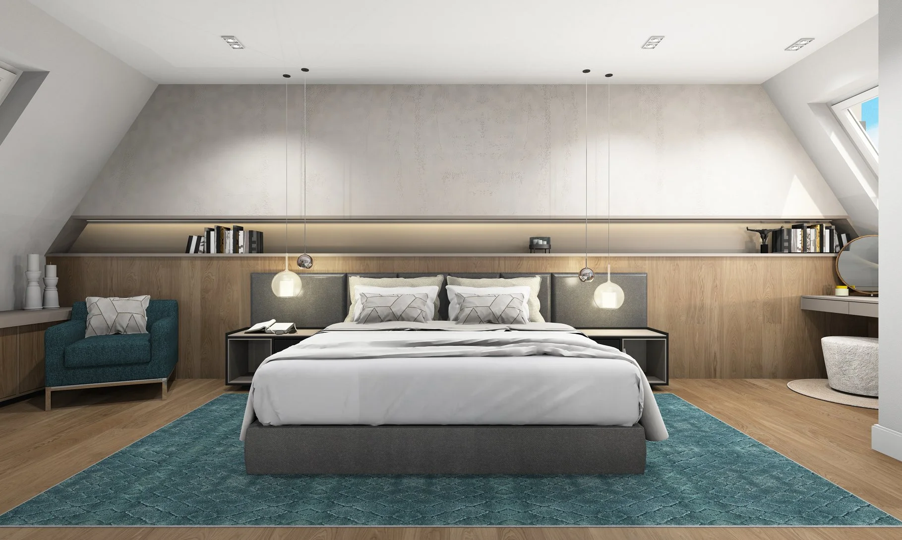 Modernes Schlafzimmer mit Doppelbett, blauen Sessel, Nachttischen, Regal mit Büchern und Dekorationen, großem Fenster im Dachgeschoss, Holzfußboden, Teppich, Wandlampen und Spiegel.