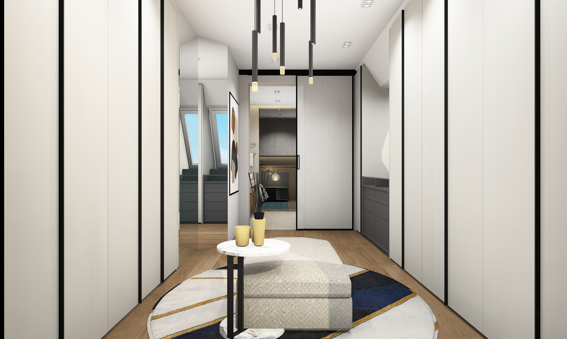 Moderner Flur mit weißen Wänden, dunkel gerahmten Schränken, Teppich, kleinen Tischen, Vasen und dekorativen Elementen.