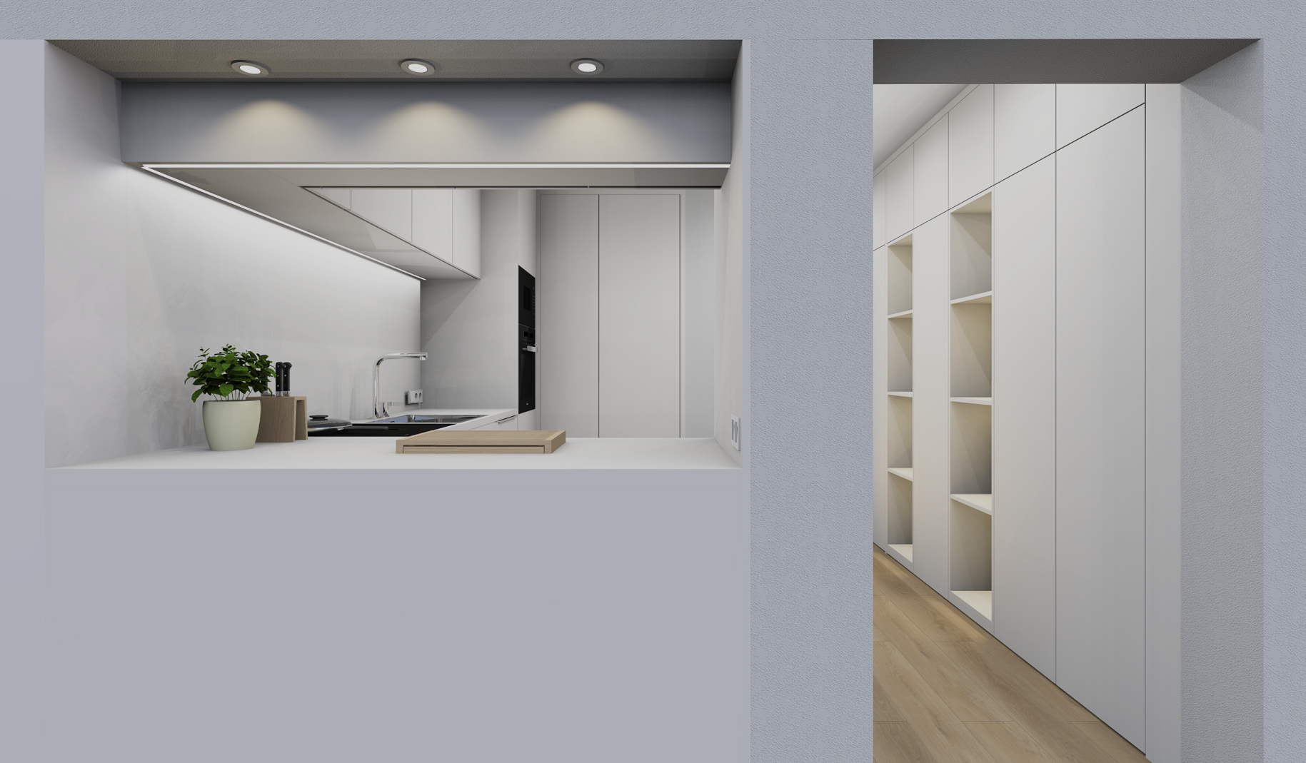 Moderner weißer Küchenbereich mit Pflanze auf dem Fensterbrett und Holzschneidebrett auf der Arbeitsplatte, Blick durch eine offene Küchenfensteröffnung in einen hellen Raum mit weißen Schränken und Einbauregalen.