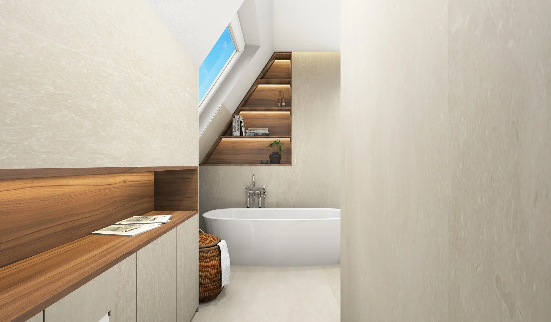 Ein modernes Badezimmer mit einer Badewanne unter einem Dachfenster, Holzregalen und einem Waschbecken.