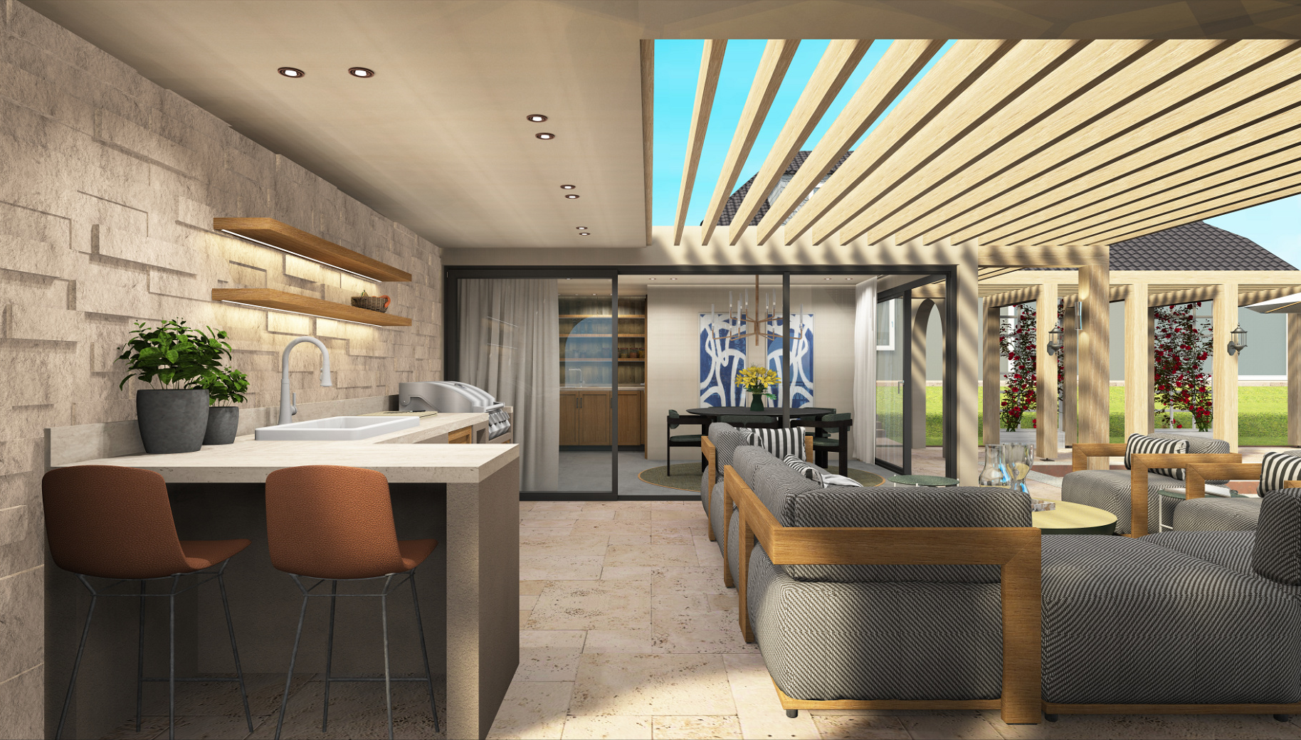 Innenansicht eines modernen Wohnbereichs mit offener Küche, Sitzbereich und Garten im Hintergrund.