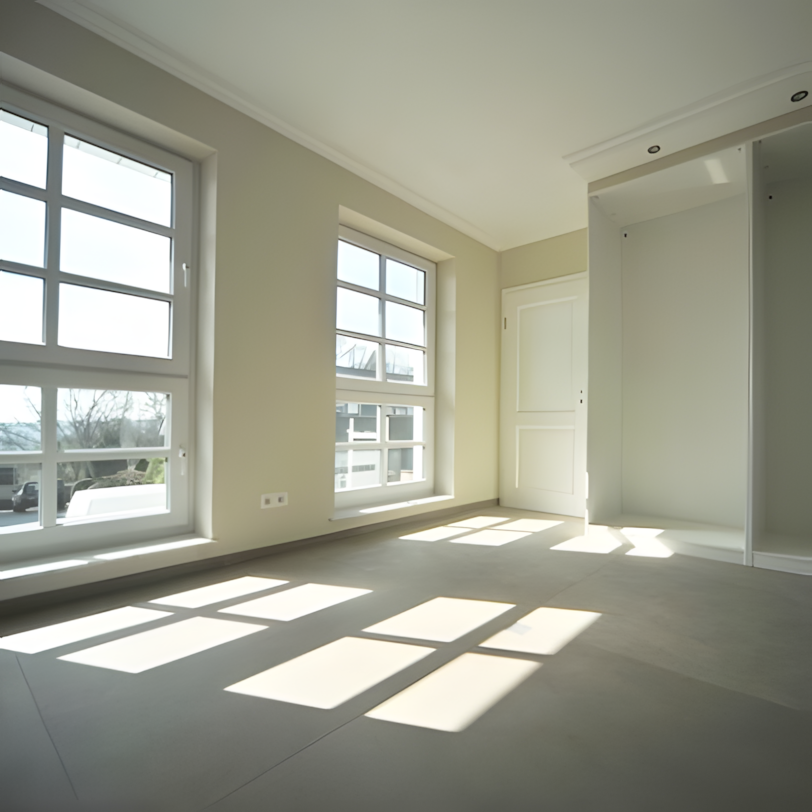 Leeres helles Zimmer mit zwei großen Fenstern, Sonnenlicht wirft Schatten auf den Boden, weiße Wände und Decke, offene Garderobe