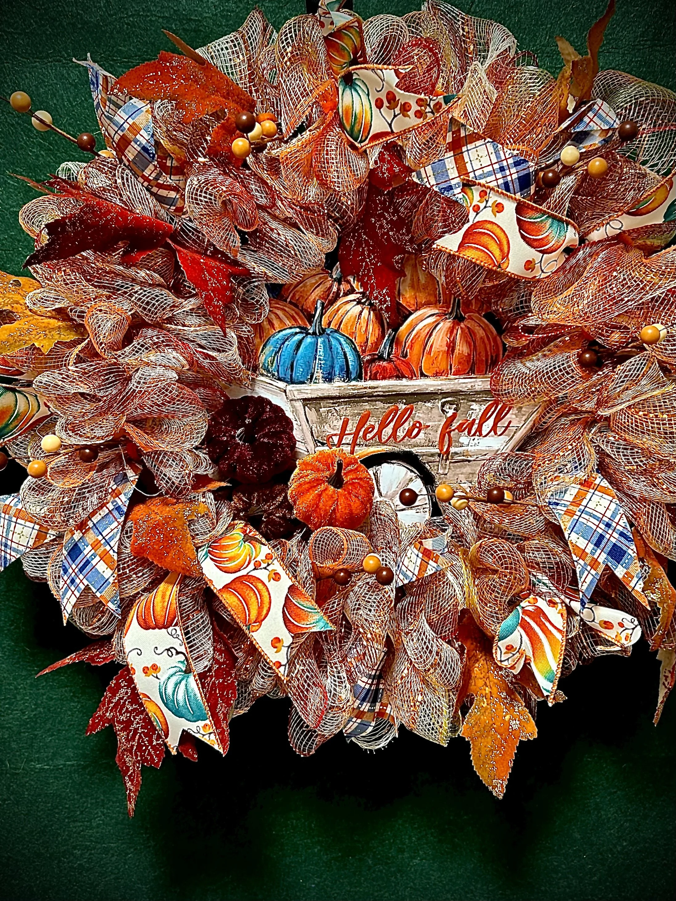 Hello Fall Wheel barrow wreath metal sign