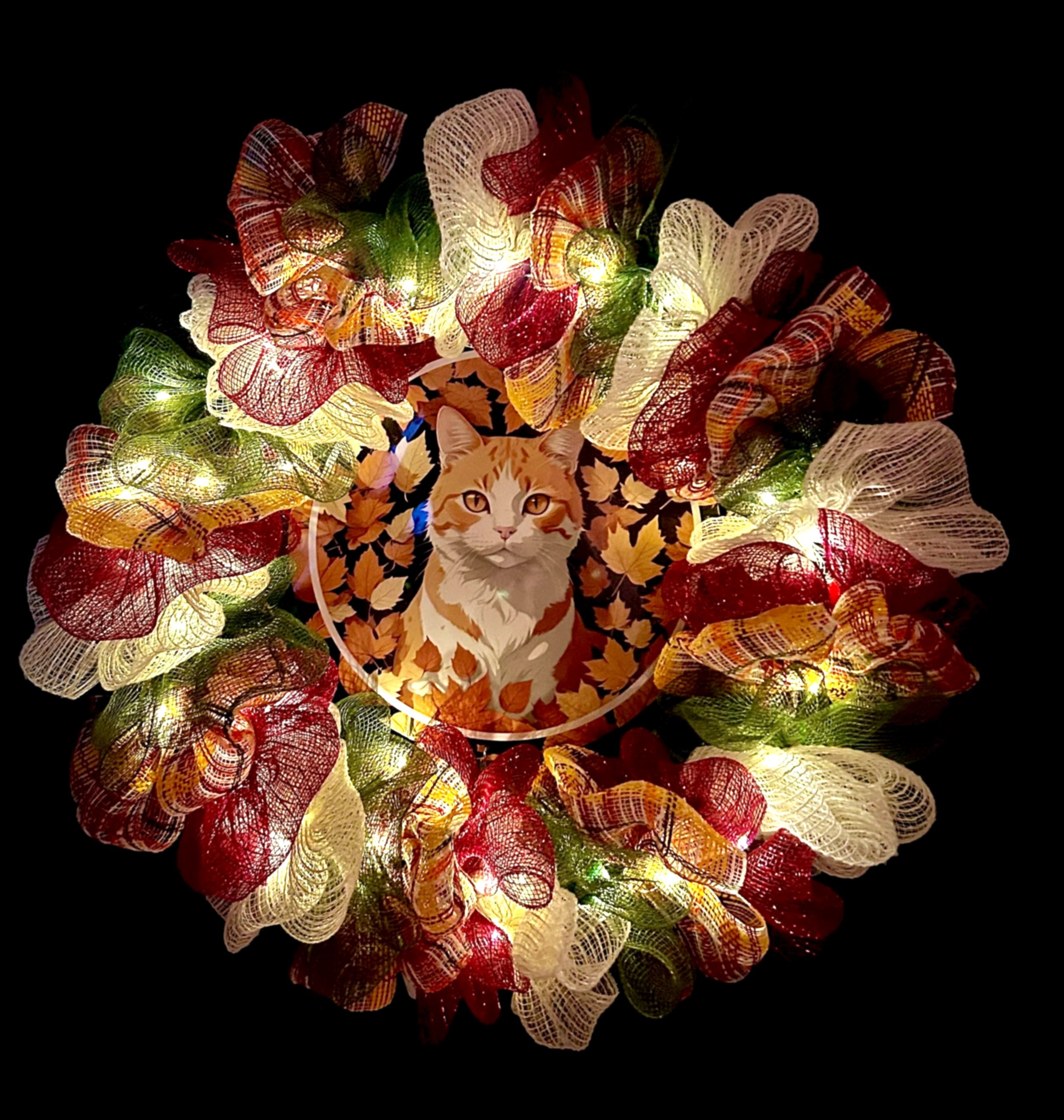 Lighted Fall Orange Cat Wreath (lights on)