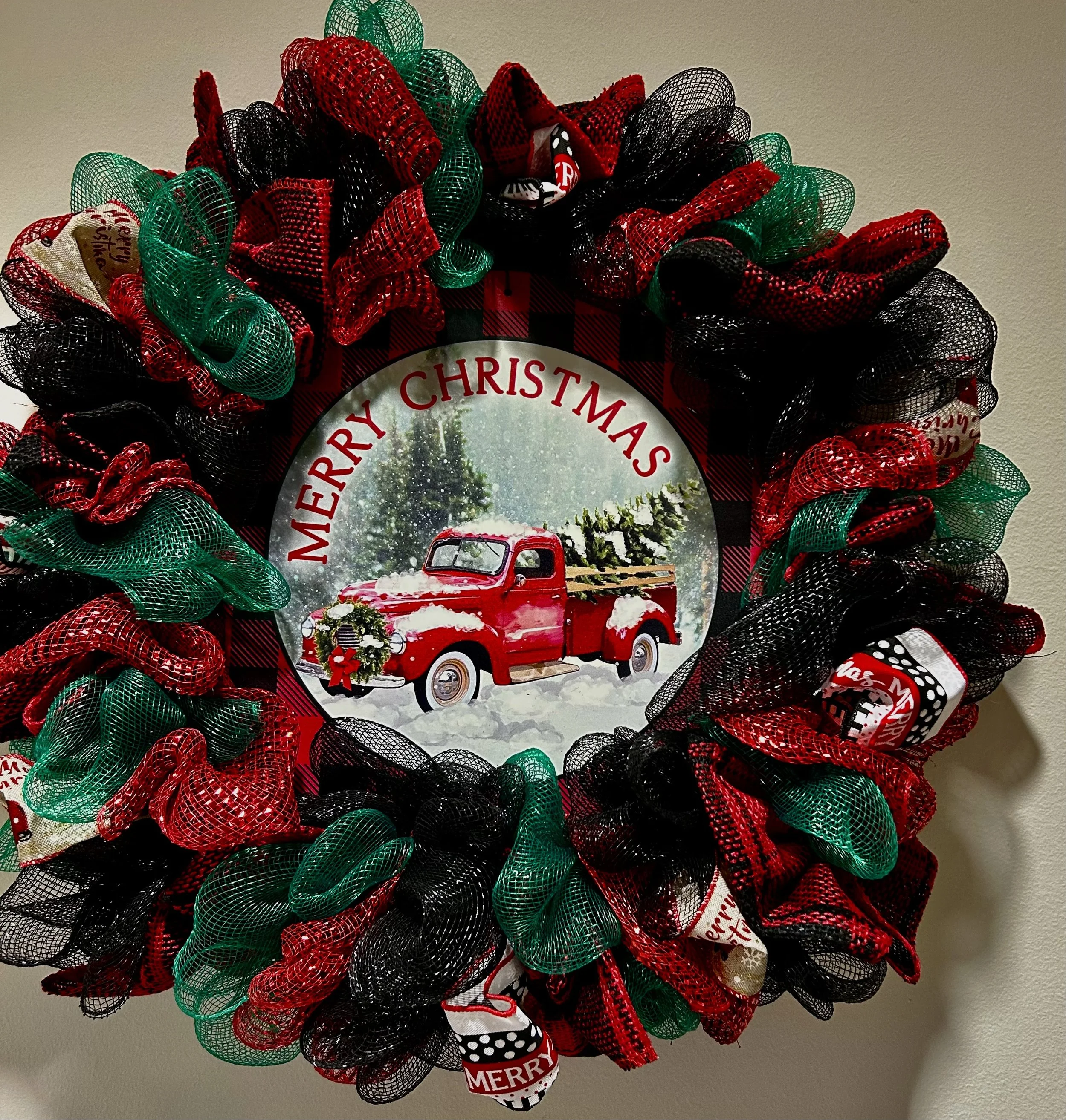 Merry Christmas Truck Wreath Black, Red and Green