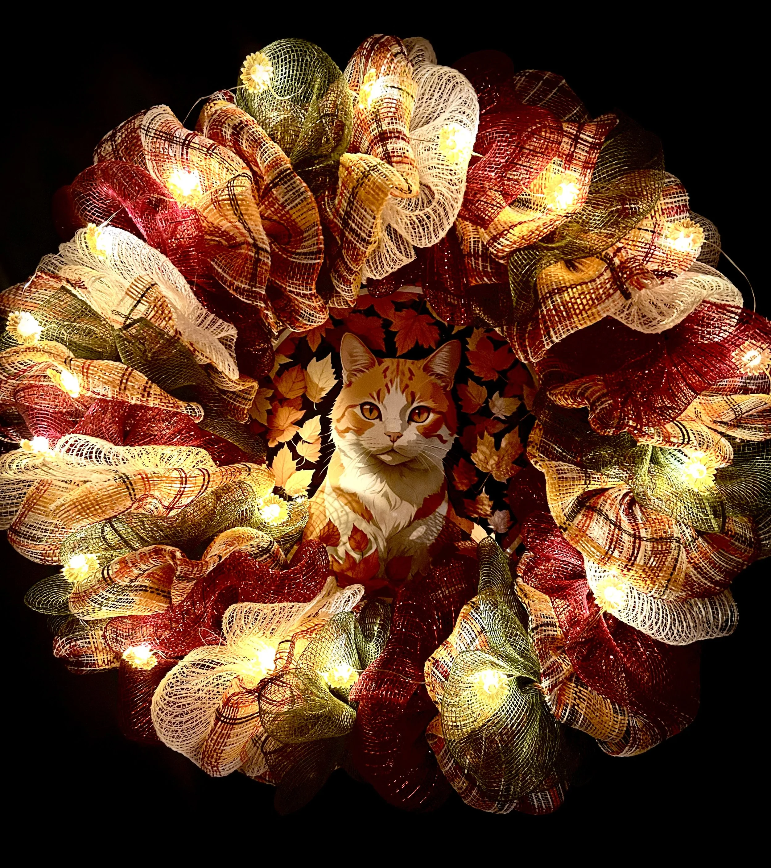 Fall Orange Tabby Cat wreath with lights 