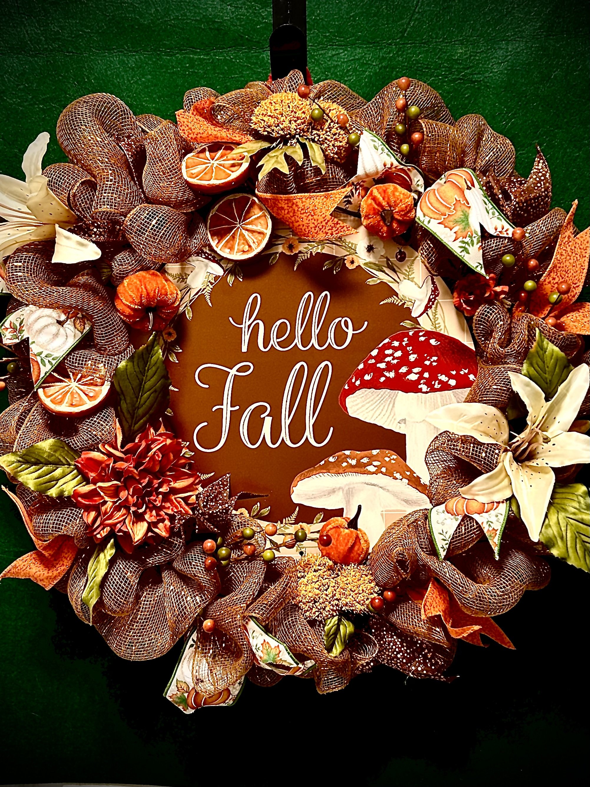 Hello Fall Mushroom wreath metal sign
