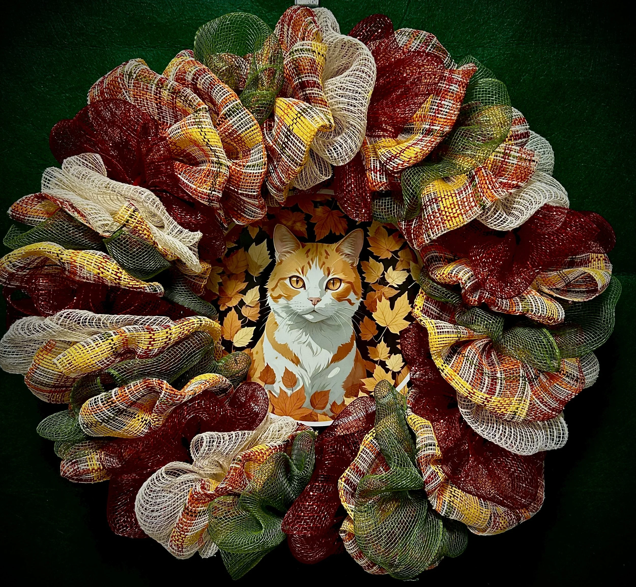 Fall Orange Tabby Cat Wreath with lights
