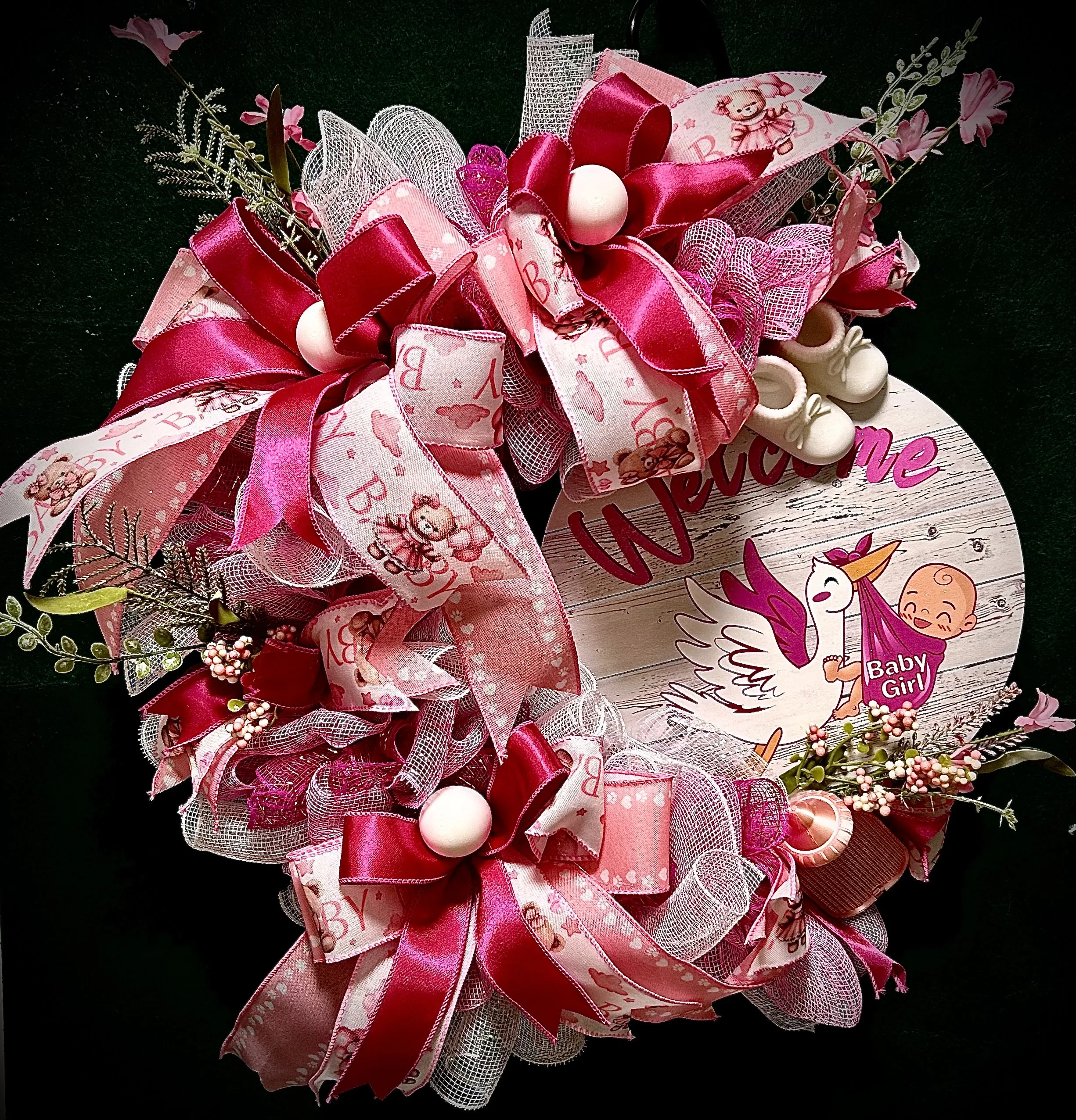 Baby Girl Wreath with Rattles, Baby Bottles and shoes 