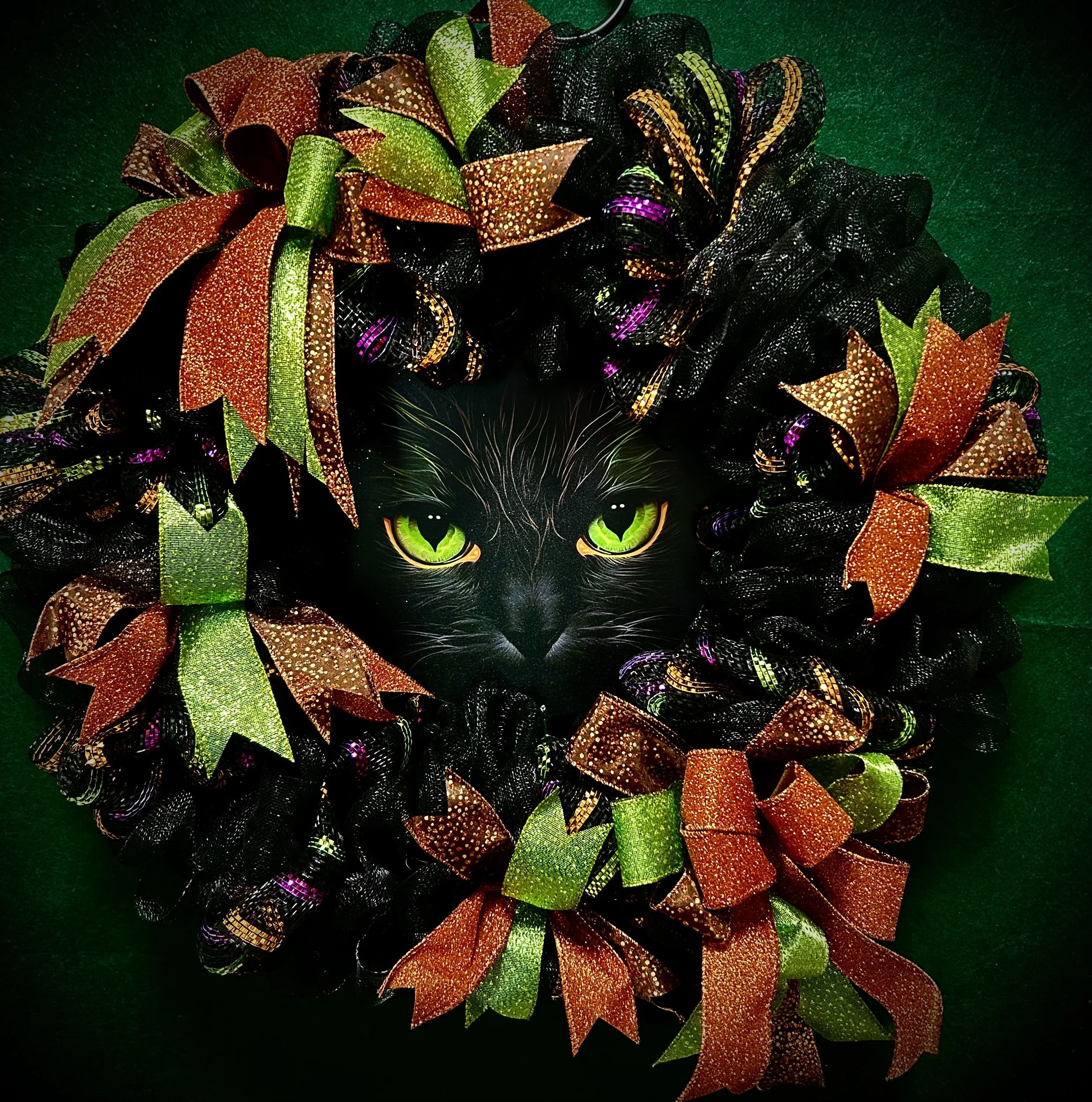 Black Cat Halloween Wreath with Multi color Ribbon