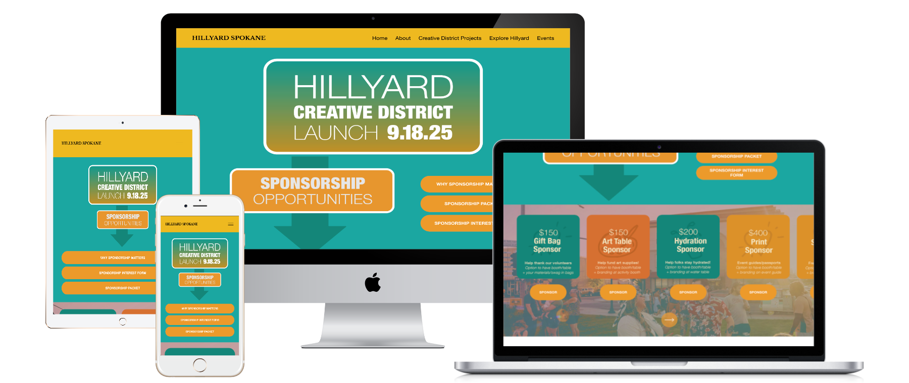 Mockup on computer of responsive website design for the Hillyard Creative District launch, displayed across desktop, tablet, and mobile devices, featuring sponsorship opportunities and event promotion content.