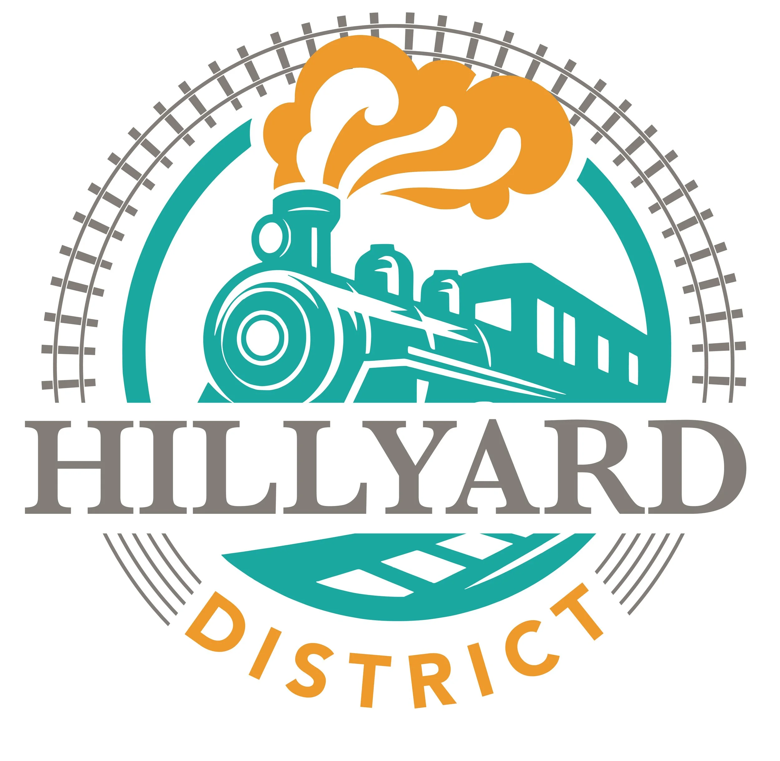 Hillyard District Logo featuring a teal train with orange steam plume. Train tracks form a circle around it.
