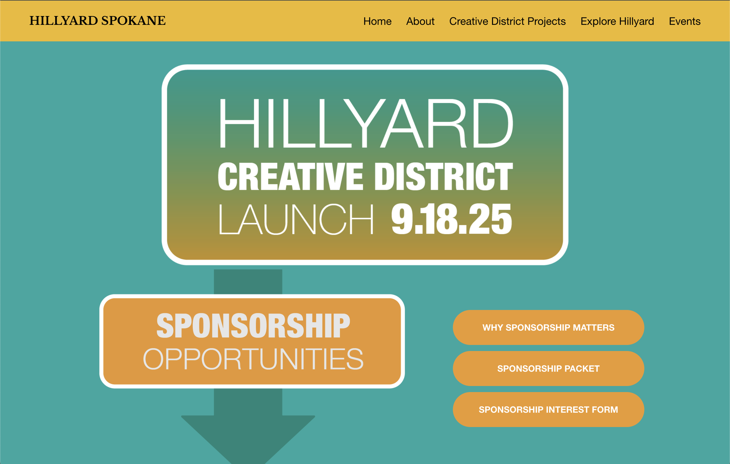 Landing page header promoting the Hillyard Creative District launch and sponsorship opportunities.