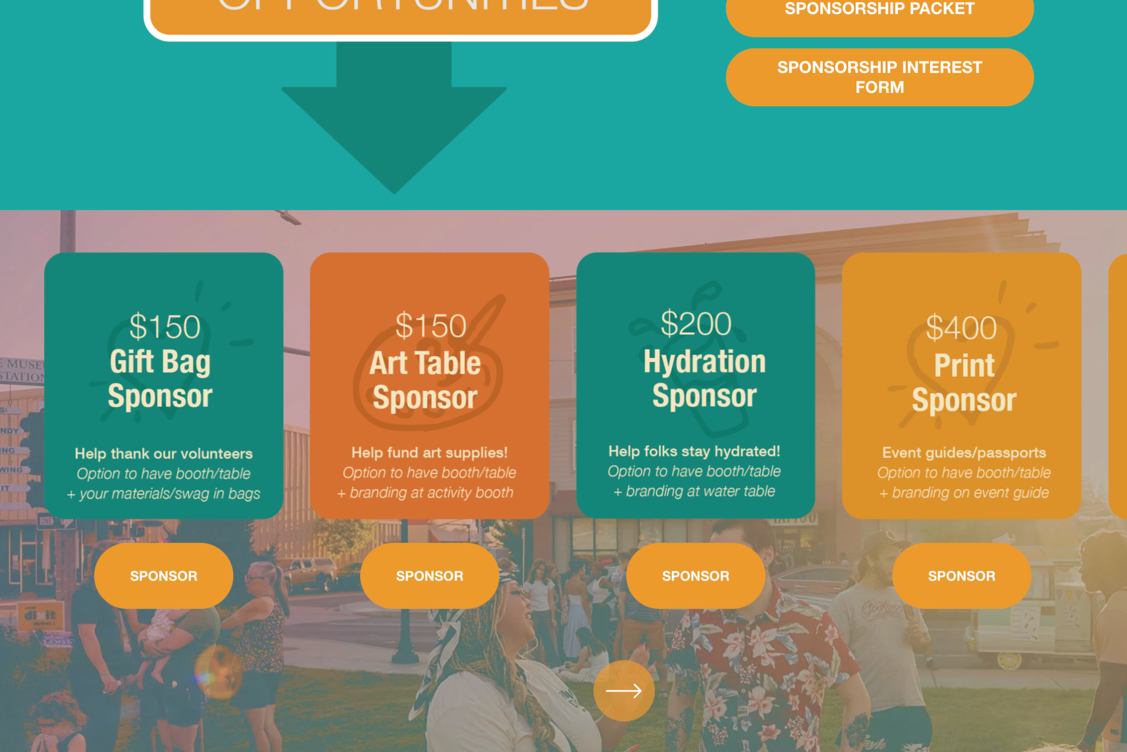 Sponsorship tier section showing multiple pricing levels and benefits for event participation.