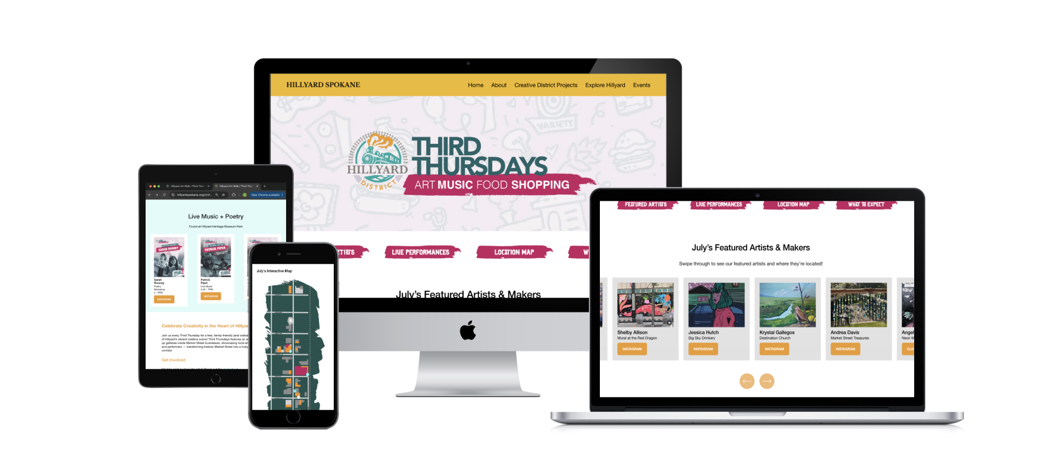 Mockup of responsive landing page and digital map for a community art walk, shown across desktop, tablet, and mobile devices, with a mobile interface highlighting artist information and event navigation.