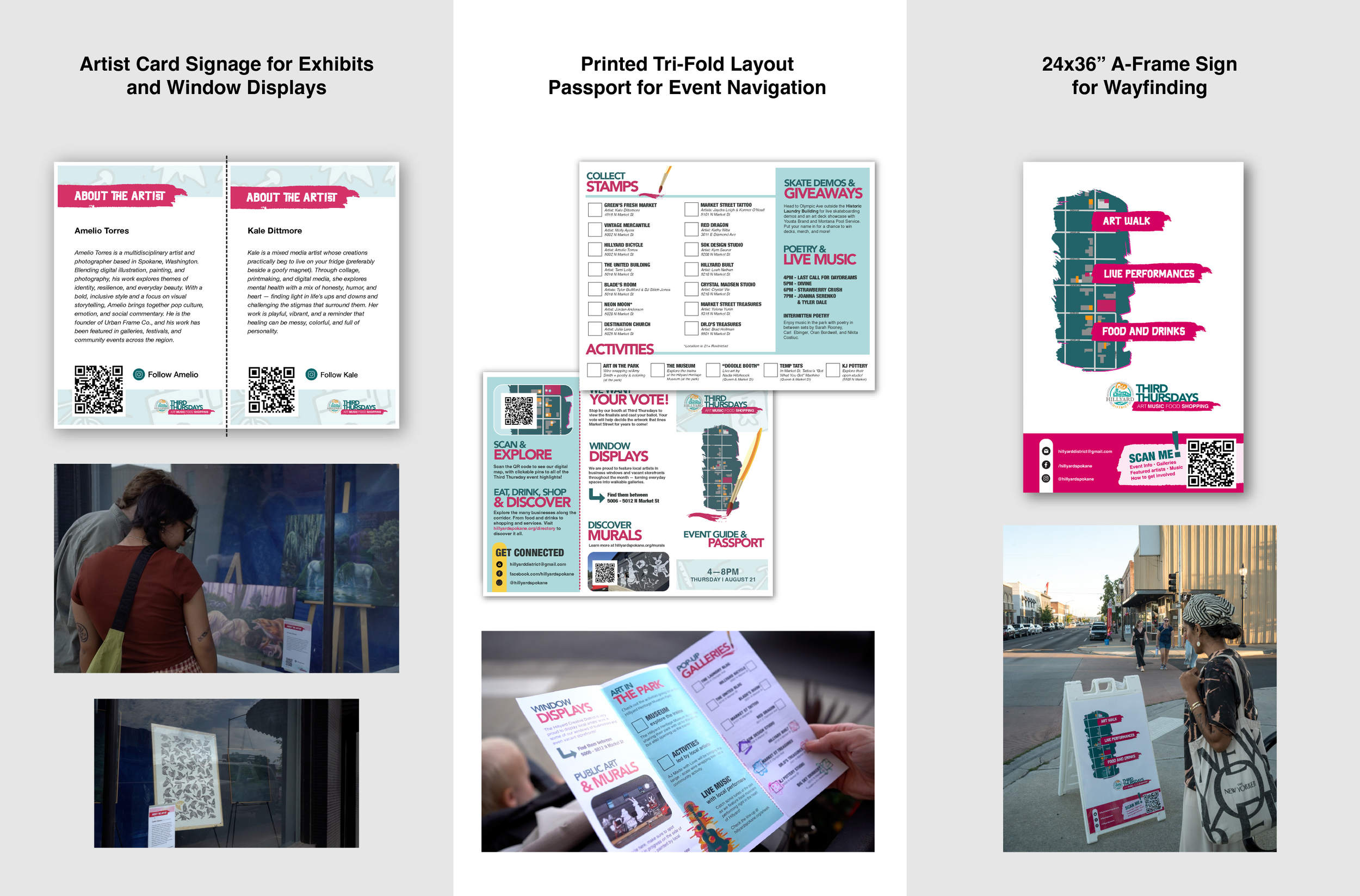 Image collage of printed materials created for the Third Thursday event. Artist cards, Event guides, and A-Frame signage all cohesive in design and layout.