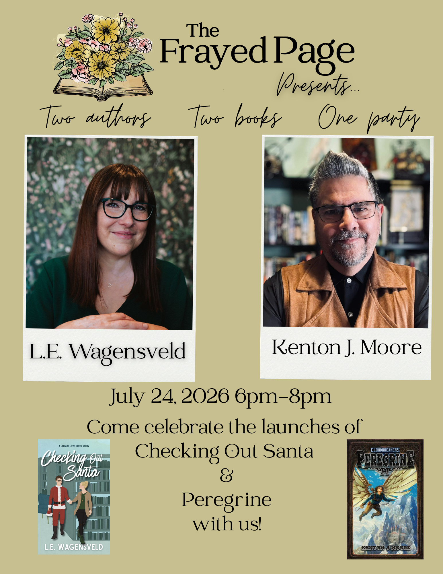 Photos of two authors with a double book launch party announcment.