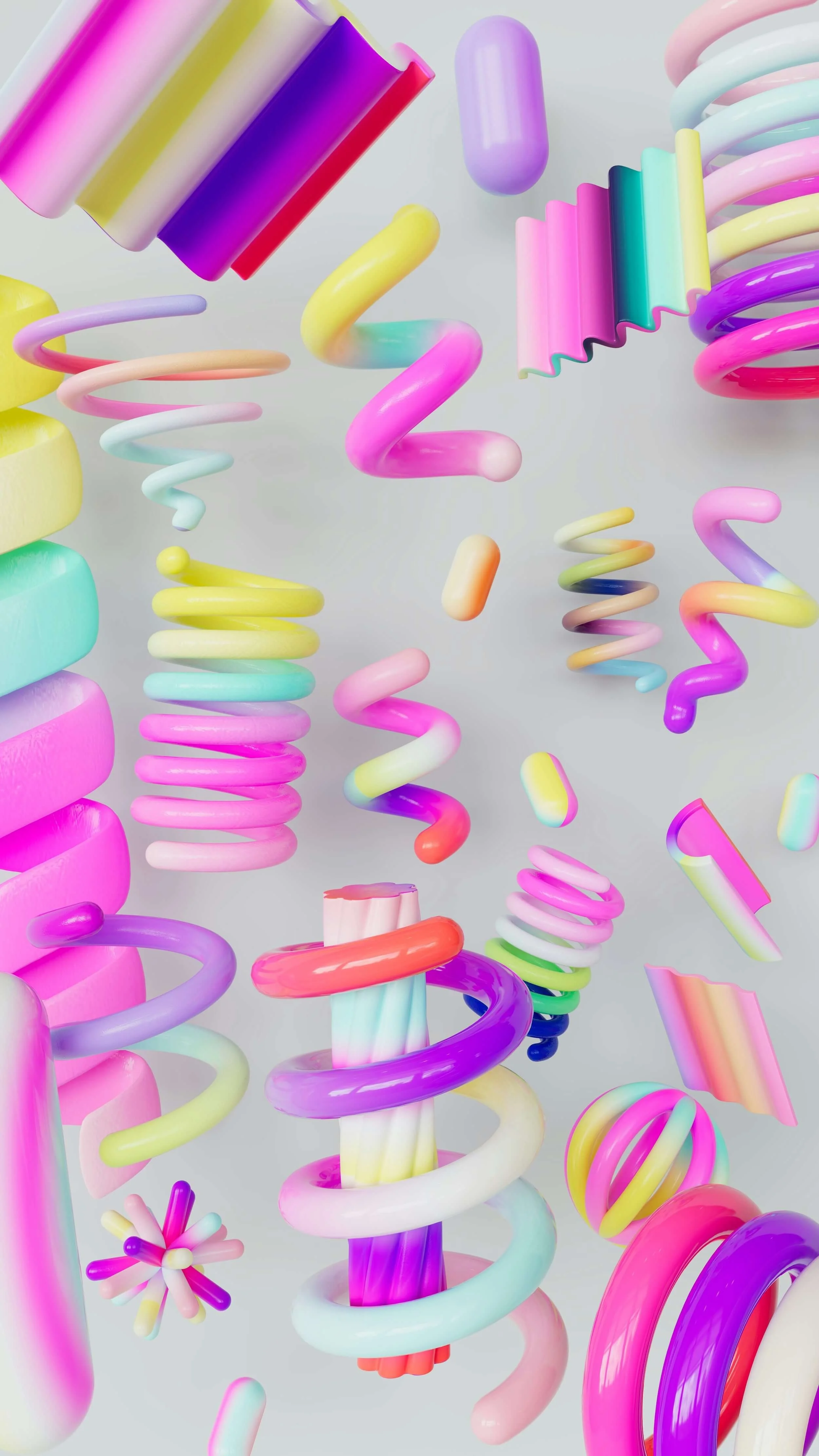 Colorful spirals, wavy, and cylindrical shapes floating against a light gray background.