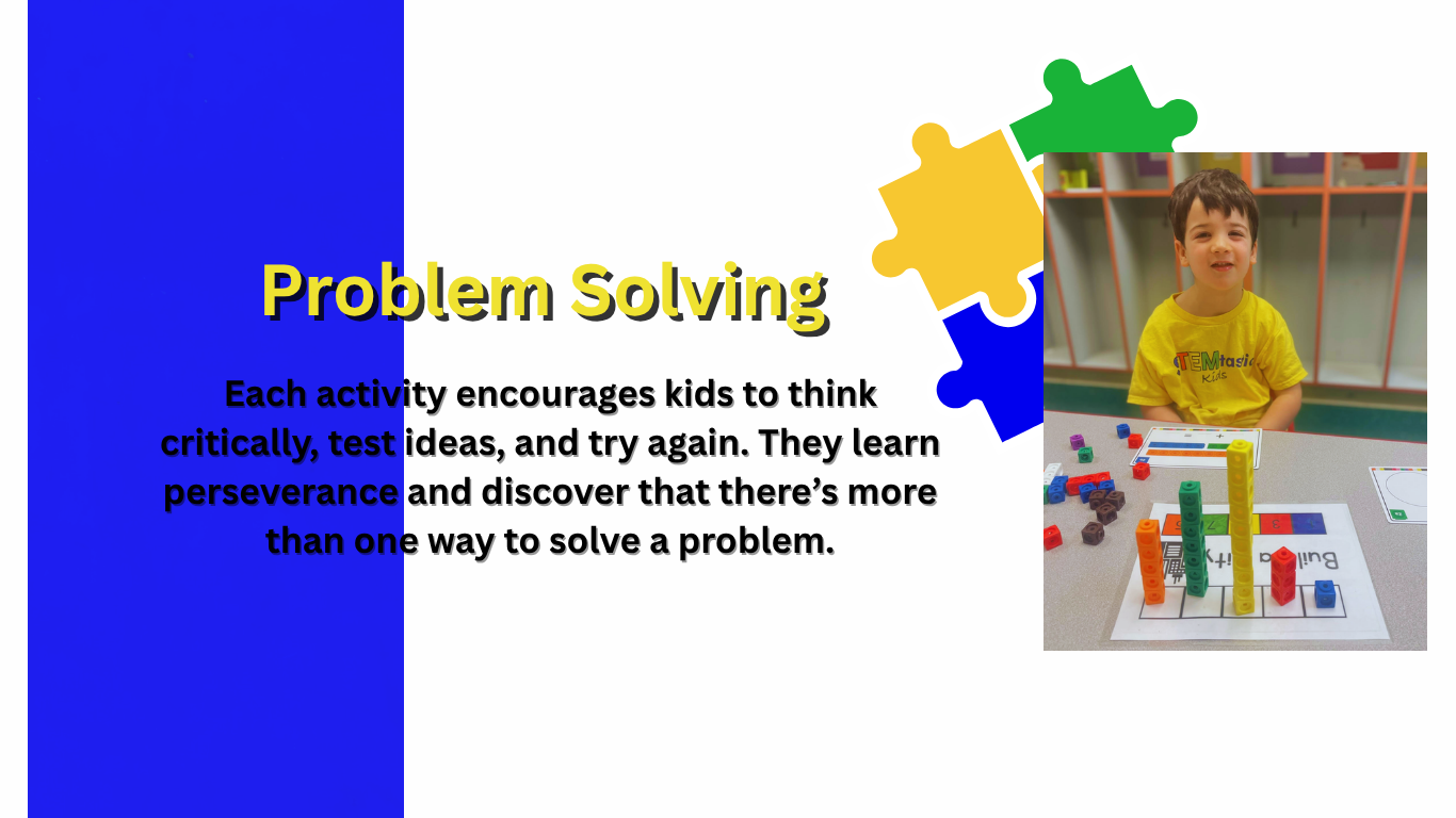 A young boy wearing a yellow T-shirt sitting at a table with colorful building blocks and a worksheet. The background includes a shelving unit with cubbies, and a graphic of jigsaw puzzle pieces with a problem-solving theme.